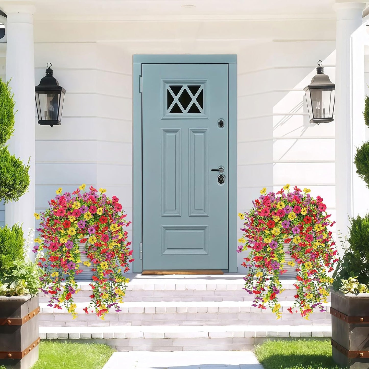 ICX 4 PCS Artificial Hanging Flowers for Outdoors, UV Resistant Artificial Outdoor Flowers, Snake Plant Style Silk Flowers for Pot, Front Door, Porch, Yard, Patio, Window Box, Hanging Basket (Mix)