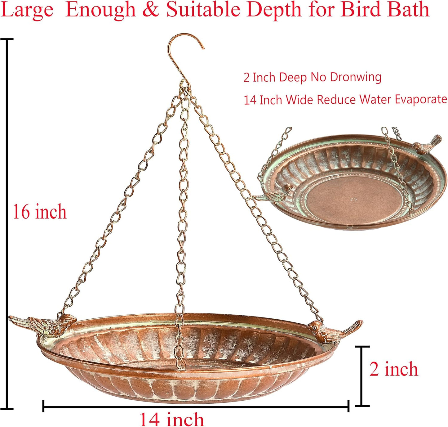 Hanging Bird Bath for Outdoors - 16" Copper Bird Bath Basin | Bird Bath Bowl for Garden, Backyard, Patio Decoration