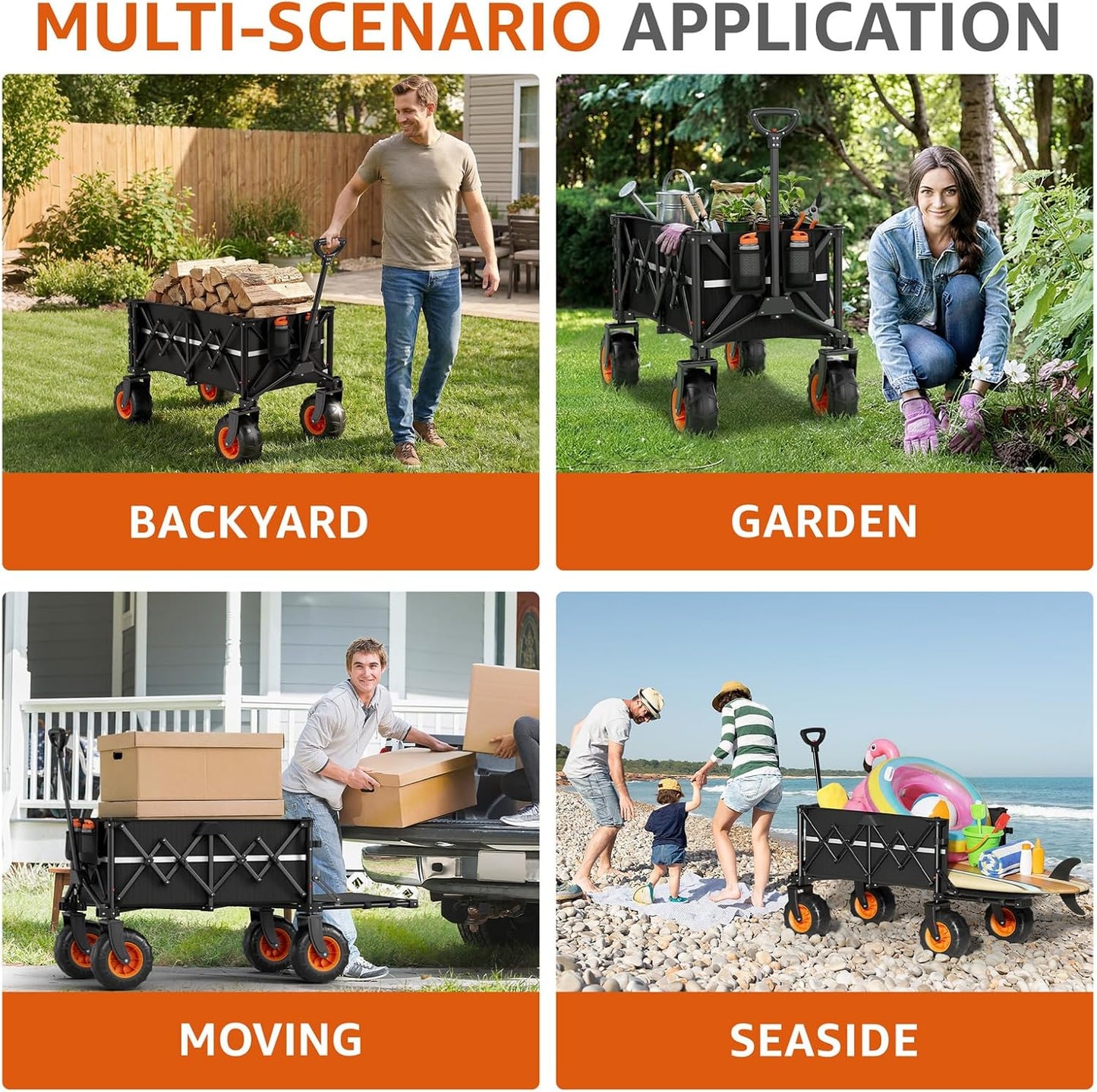 Collapsible Wagon Heavy Duty Foldable 200L Large Garden Utility Cart, 10" Big Wheels All Terrain, 800lbs Collapsible Wagons Carts with Extended Tailgate for Camping Beach