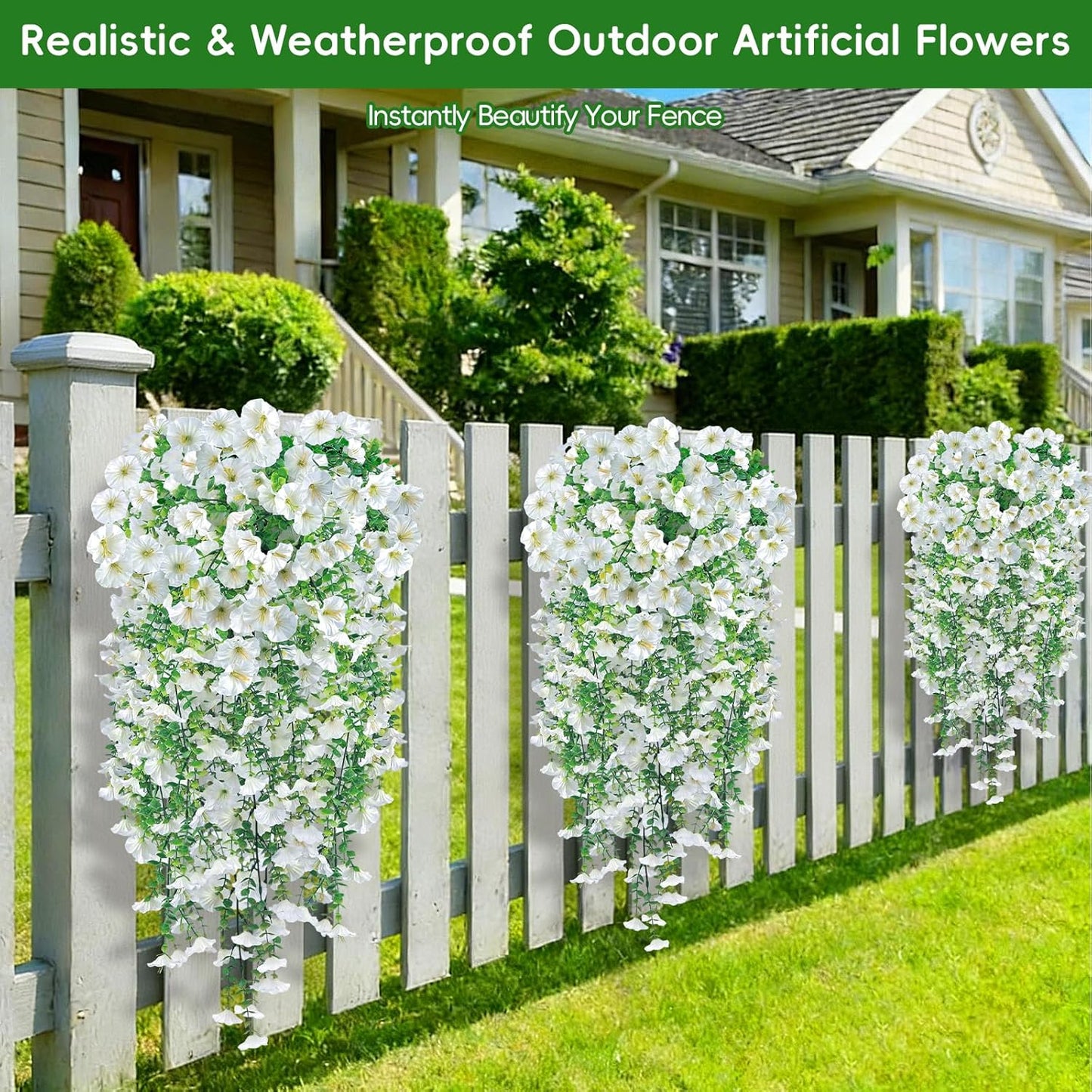 Artificial Hanging Flowers for Outdoors, 6Pcs UV Resistant Faux Silk Morning Glory Flowers, Artificial Fake Plants Trailing Vines for Porch Patio Balcony Yard Garden Farmhouse (White)
