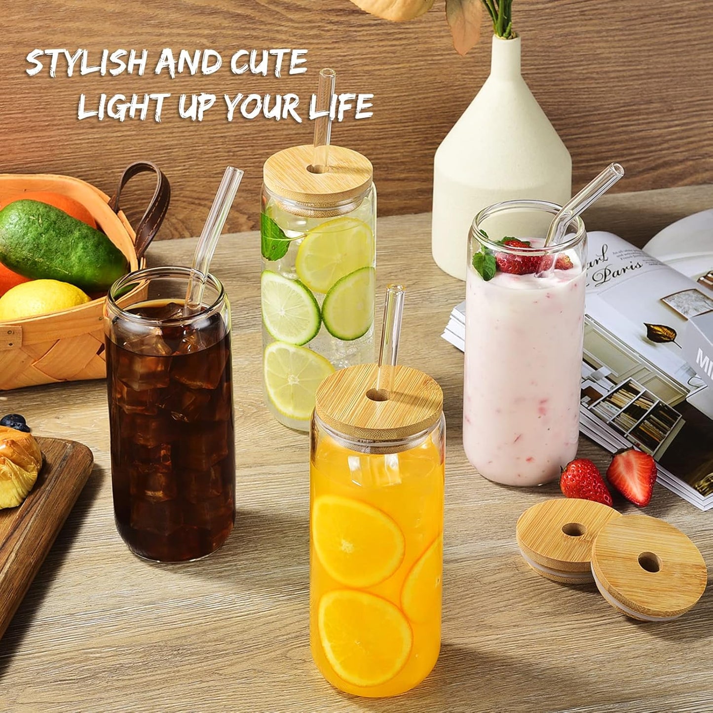 20 Oz Drinking Glasses with Bamboo Lids and Glass Straw - 6 Pcs Glass Cups Beer Ice Coffee Glasses Cute Aesthetic Cup Great for Coffee Bar Accessories Include 2 Cleaning Brushes