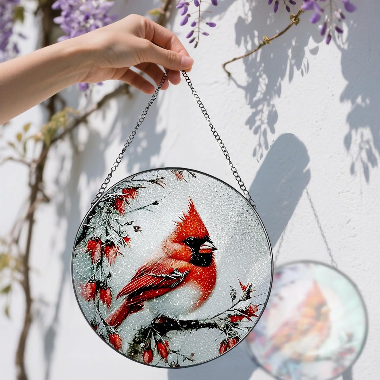 Stained Glass Window Hanging, DOUHASU 8 Inch Cardinal Stained Glass Su