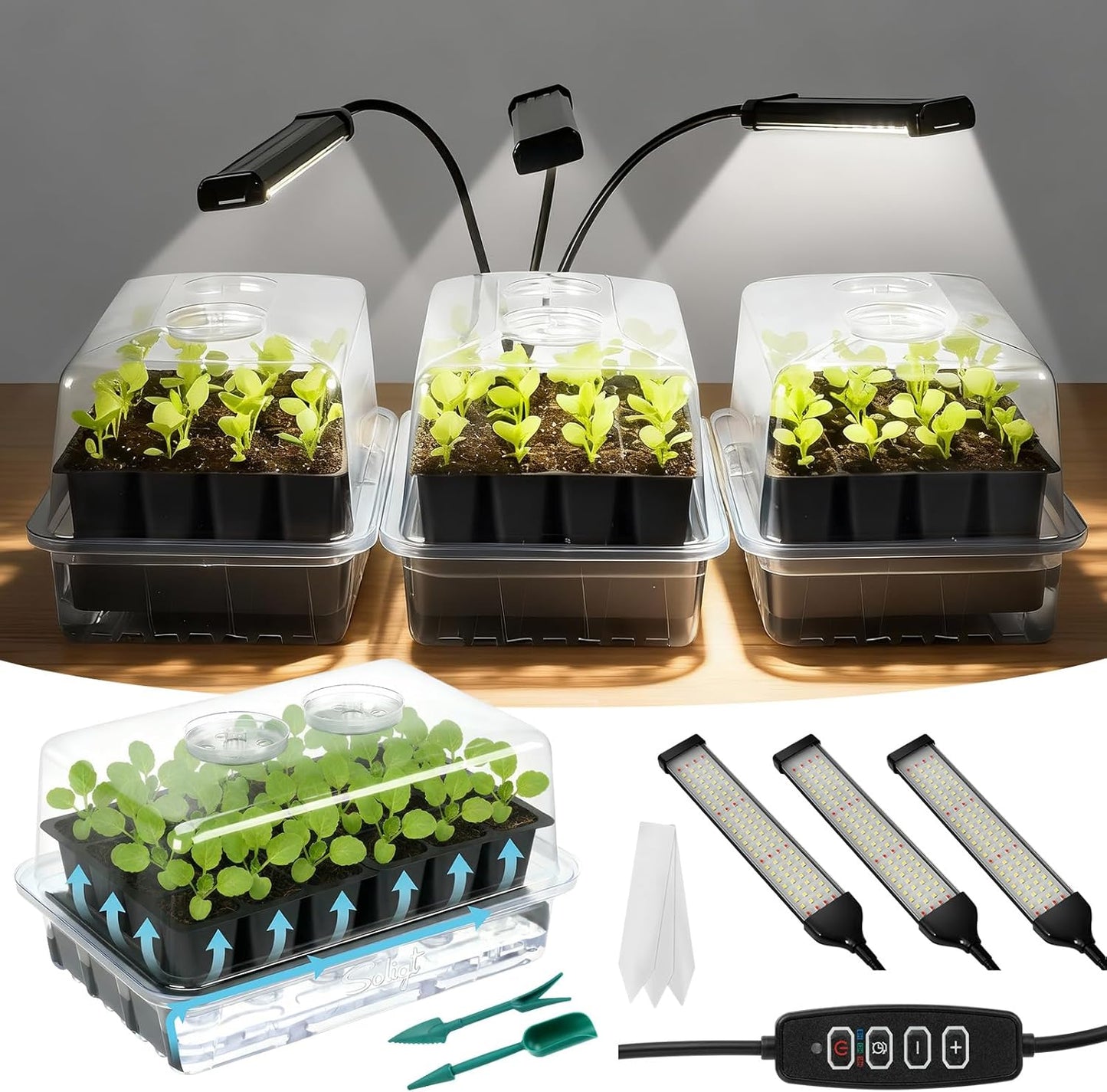 SOLIGT 72 Cell Self Watering Seed Starter Trays with Grow Light, 3 See
