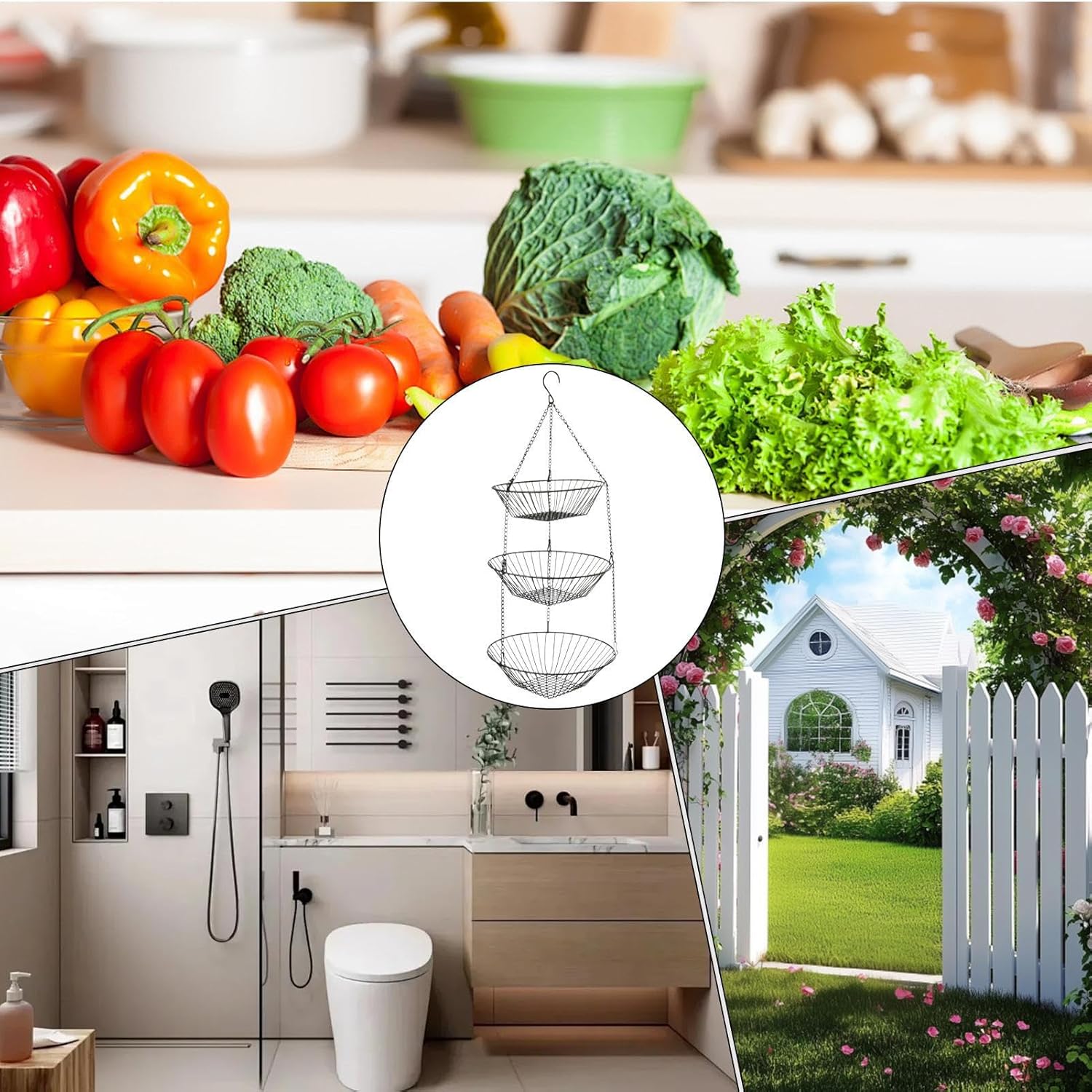 3-Tier Iron Storage Basket - Kitchen and Pantry Organizer for Fruits, 