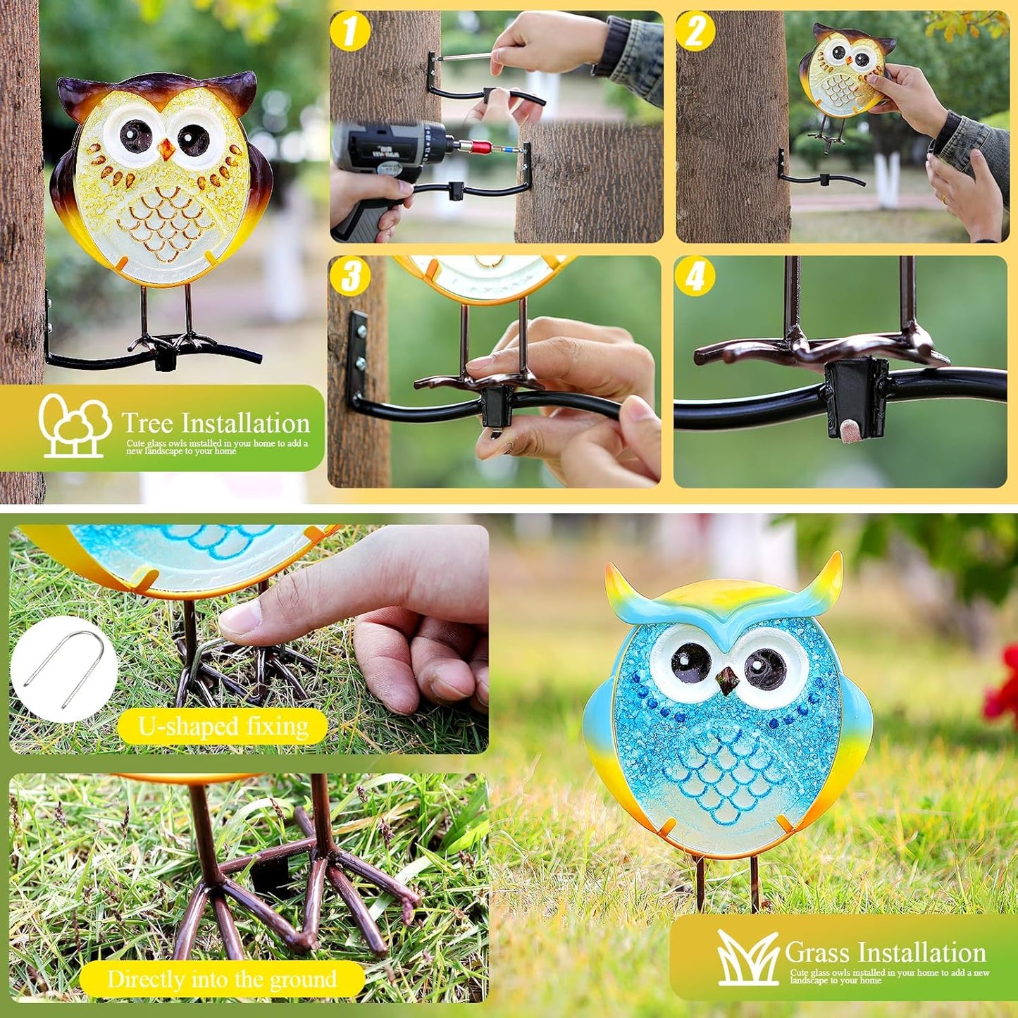 Owl Garden Decor for Outside, Stand & Tree Hugger Outdoor Owls Stakes Yard Art Set of 3, Funny Metal & Glass Stake Gifts for Grandma Mom Women