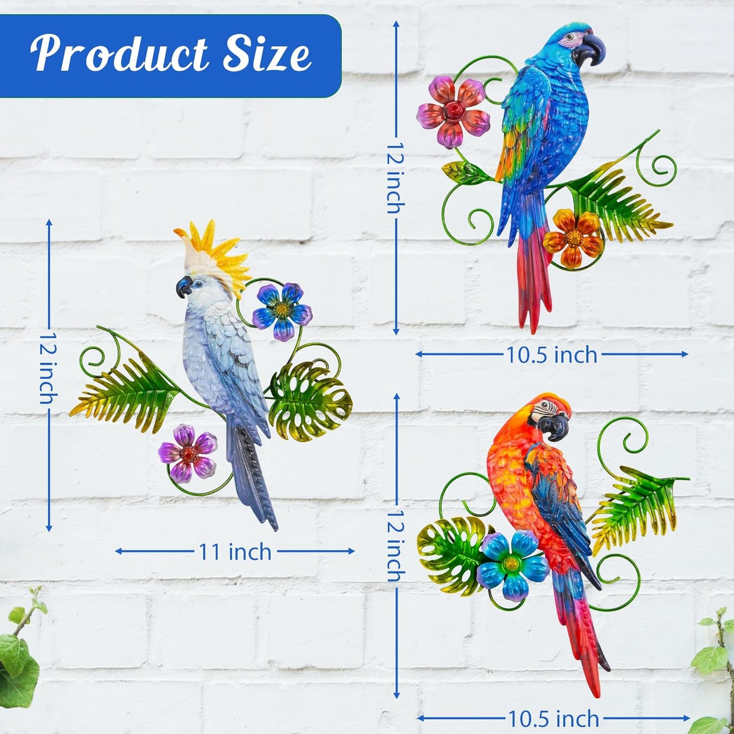 J-Fly Metal Parrots Wall Decor Outdoor Decorations for Yard Garden Decor, Metal Wall Art Decor, Patio Valentine Decoration Gifts Outdoor Bird Wall Decor-12 Inches Parrot Large Hanging Wall Decor 3 Pack