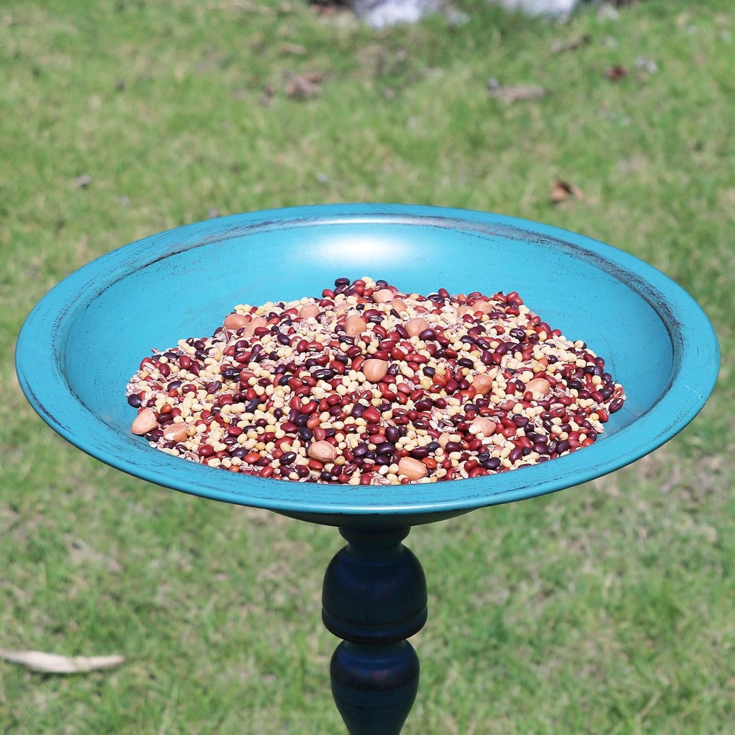 26.6”H×12.3" W Cast Iron Pedestal Bird Bath，Metal Birdbaths Bird Feeder Seed Tray for Garden Yard Decor -Blue.