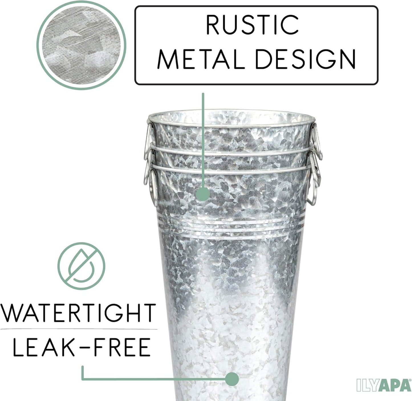 Ilyapa Galvanized Metal Flower Vase 3 Pack - 13" Tall Rustic Farmhouse Bucket Planter Pots