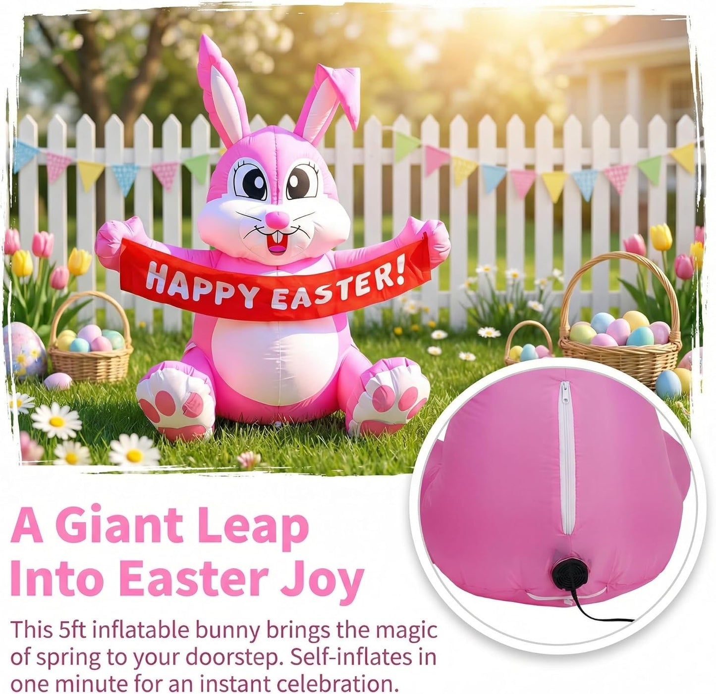Easter Inflatables Outdoor Decorations for Home 5FT Inflatable Easter Bunny Happy Easter Built-in LED Lights Cute Blow Up Yard Decoration for Holiday Party Lawn Garden Decor