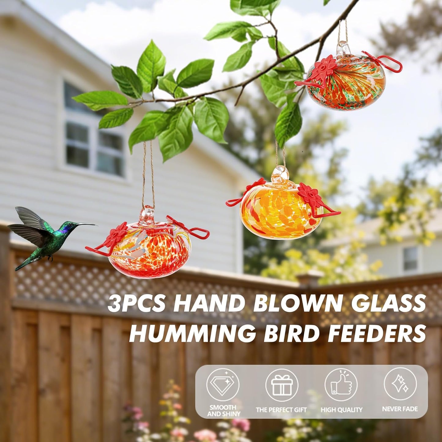 Set of 3 Blown Glass Hummingbird Feeder for Outdoors Hanging Ant and Bee Proof Hummingbirds Feeders Handmade Garden Decor Gift for Women