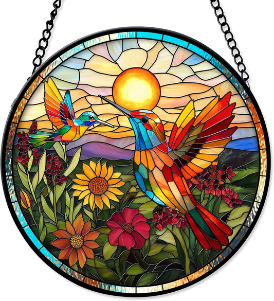 7.8'' Hummingbird Suncatcher Stained Glass Window Hanging Birds Glass Panel with Metal Chain and Hooks Suncatchers Door Home Decor Mother's Day Christmas Gift for Women Mom Nana Bird Lovers