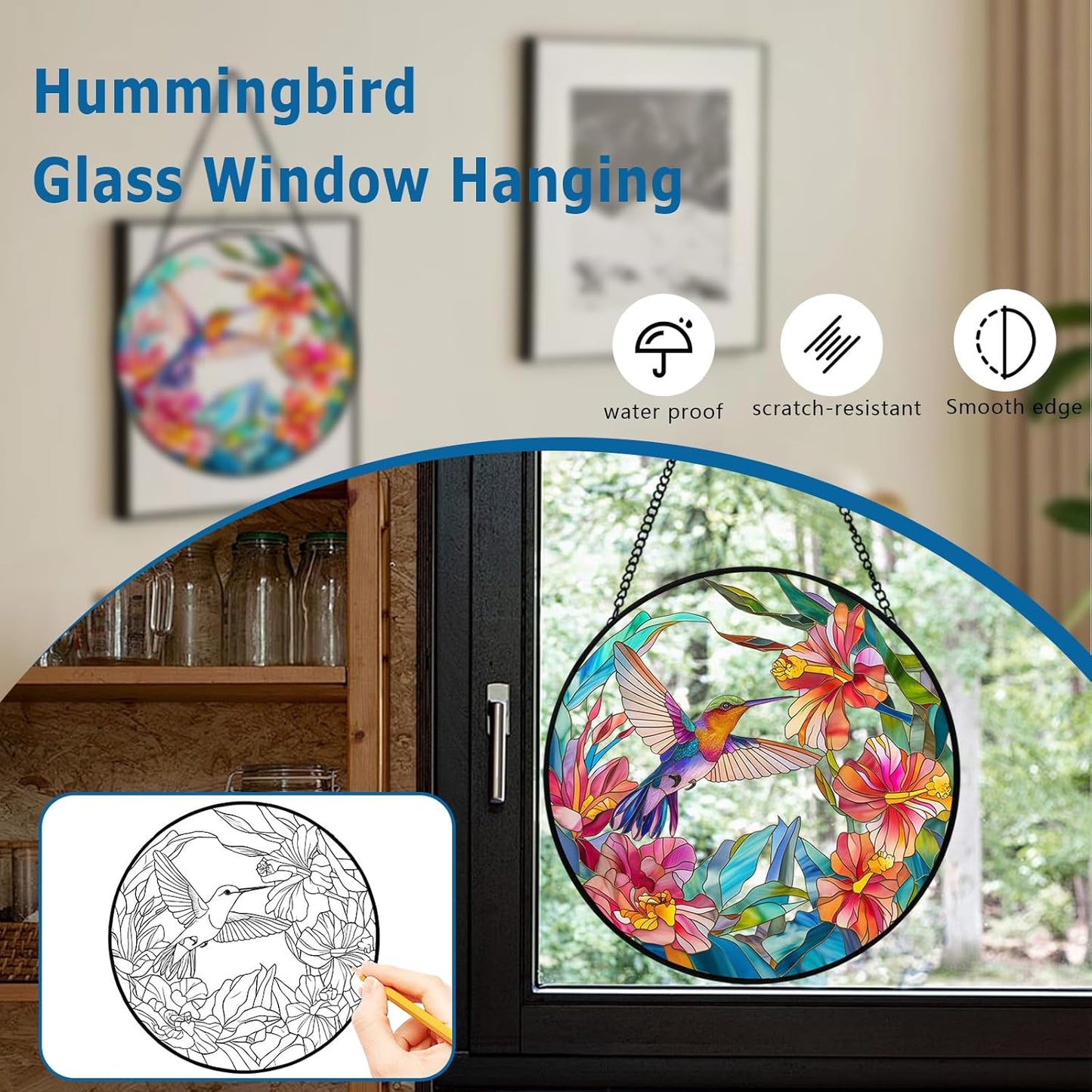 Hummingbird Stained Glass Suncatcher - 7.87" Real Glass Window Hanging with Metal Chain, for Indoor Outdoor Home Garden, Gift for Bird Lovers