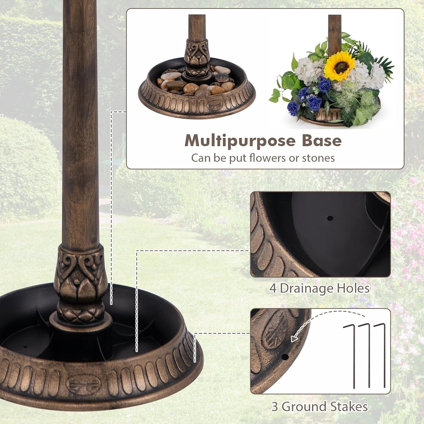 BECOMFORT Solar Bird Bath, Vintage Pedestal Birdbath with Solar Powered Lamp, Bird Feeder, Flower Planter Base & 3 Ground Stakes, Plastic Bird Bath for Outside, Garden, Yard & Outdoor (Bronze)