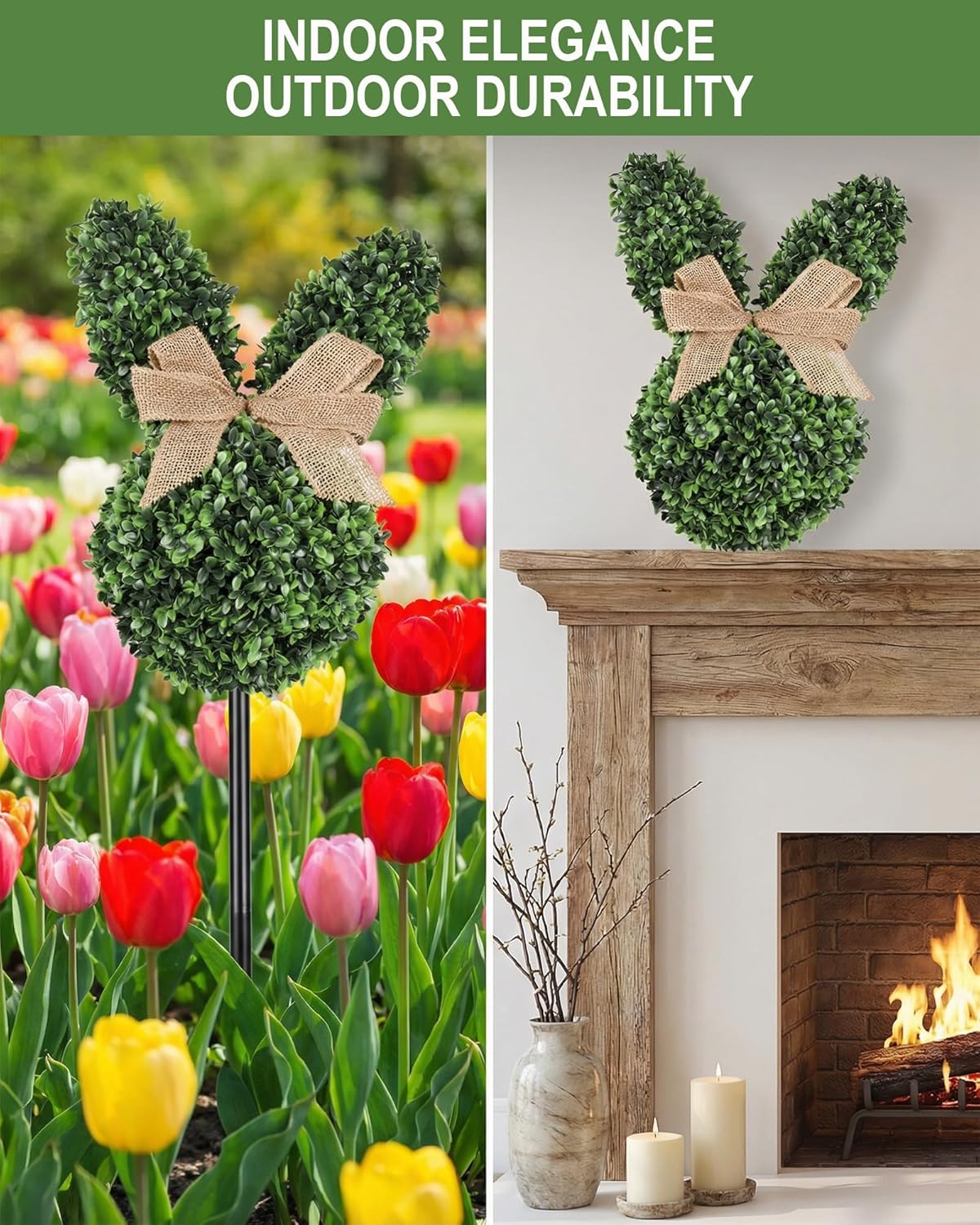 24 Inch Easter Bunny Topiary, Artificial Boxwood Rabbit Tree with Grou