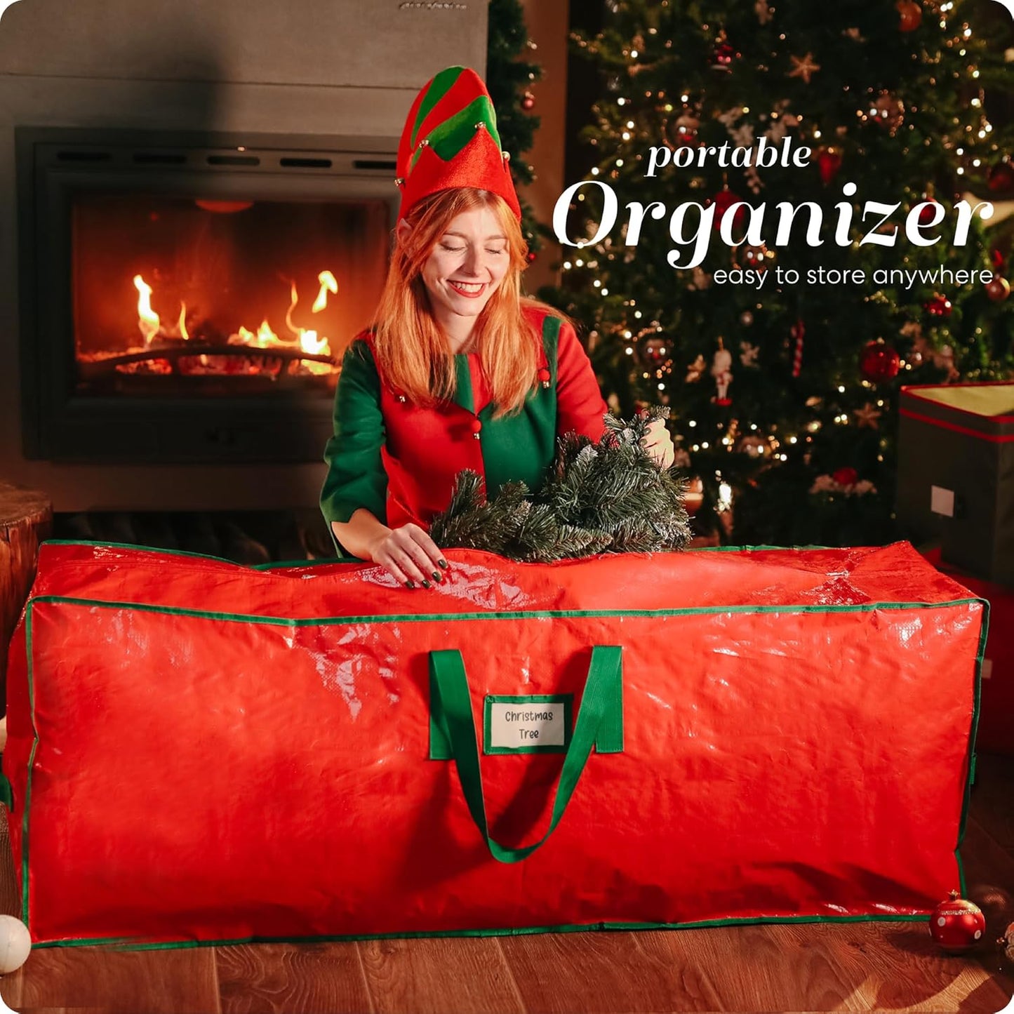Christmas Tree Storage Bag - Stores 7.5 Foot Artificial Xmas Holiday Tree, Durable Waterproof Material, Zippered Bag, Carry Handles. Protects Against Dust, Insects and Moisture (Red)