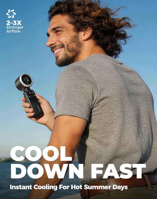 Diveblues Portable Handheld Turbo Fan, 5 Gear Wind, Battery Operated, Up to 12 Working Hours, 3 IN 1 Hand Fan with Air Turbo Tech Cooling Fan for Outdoor Activities, Travel, Working, Obsidian black