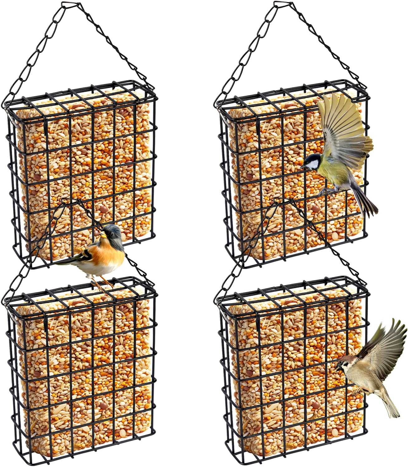 4 Pack Suet Bird Feeders for Outside, Hanging Wild Bird Feeder Cages, Single Suet Cake Capacity, Outdoor Garden Yard Decor