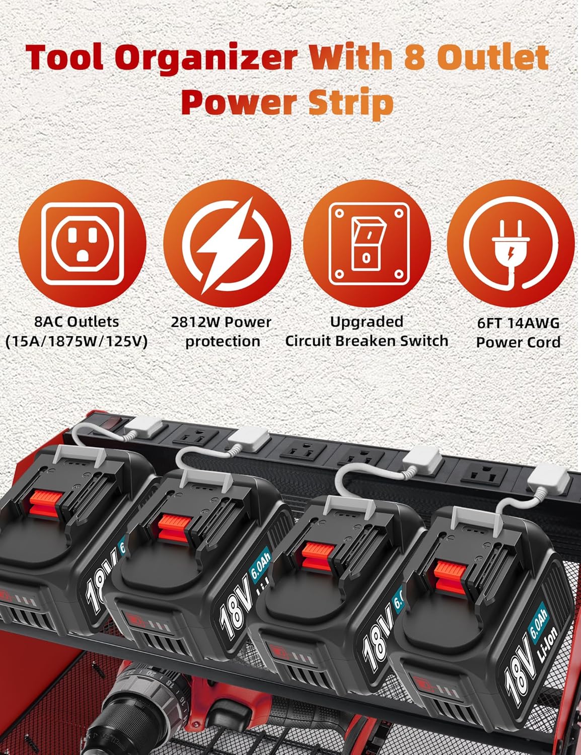 Power Tool Organizer wtih Charging Station，3 Layers Storage Rack with Screwdriver Rack 6 Drill Holders 8 Outlets Max Load 110lbs，for Workshop Garage Organizers and Storage Tool Battery Holder (Red)