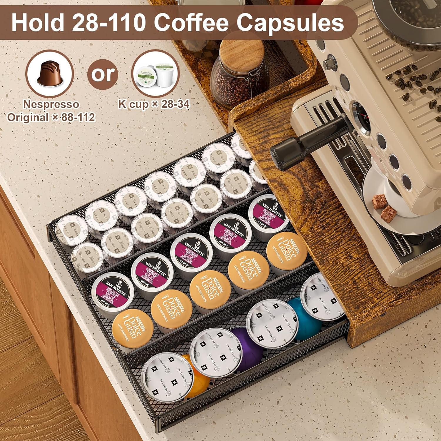 Coffee Station Organizer with K Cup Holder, 28 Pod Capacity,3-Tier Syr