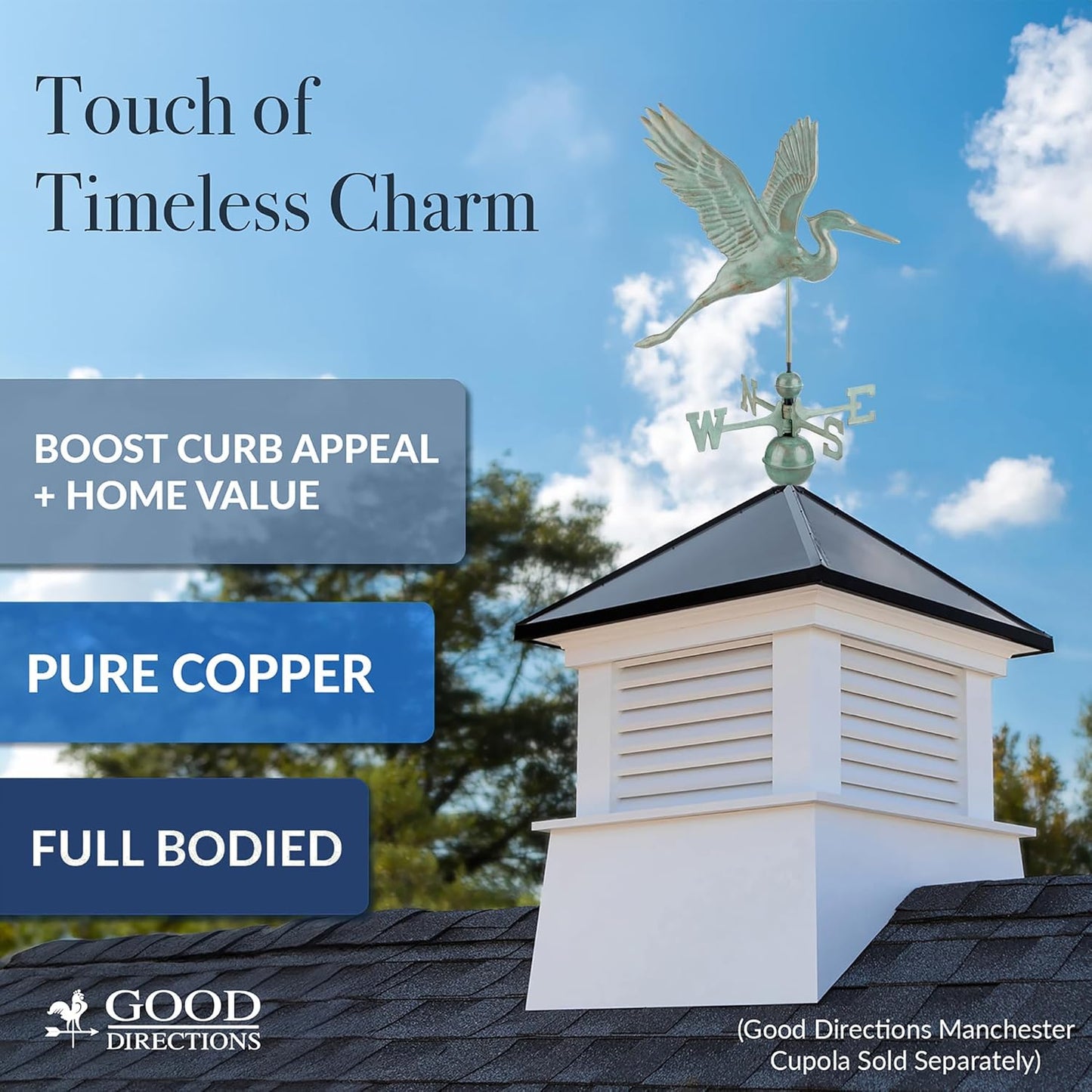 Good Directions Graceful Blue Heron Weathervane, Blue Verde Copper