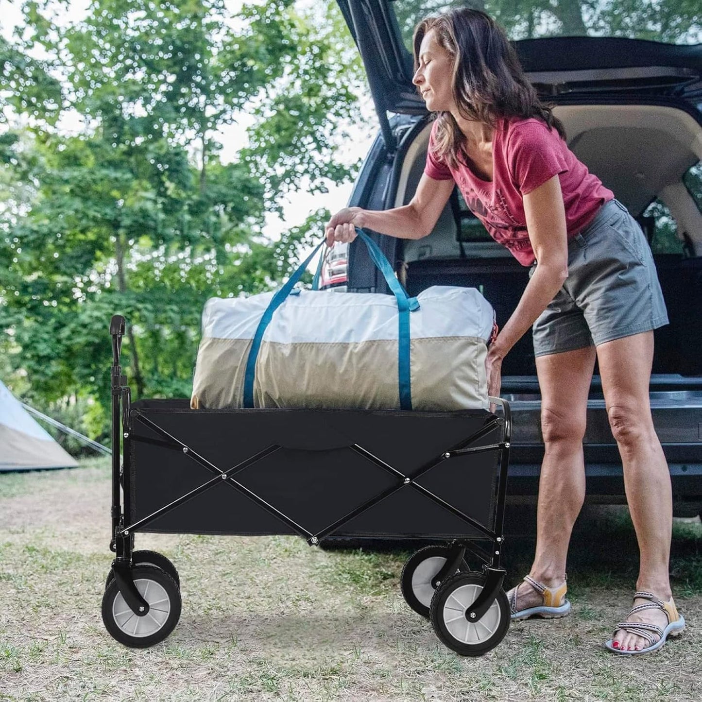 Heavy Duty Collapsible Folding Wagon - Portable Garden Cart with Universal Wheels, Large Capacity Utility Wagon for Outdoor Camping, Beach, Grocery Shopping, Sports, BBQ - Khaki