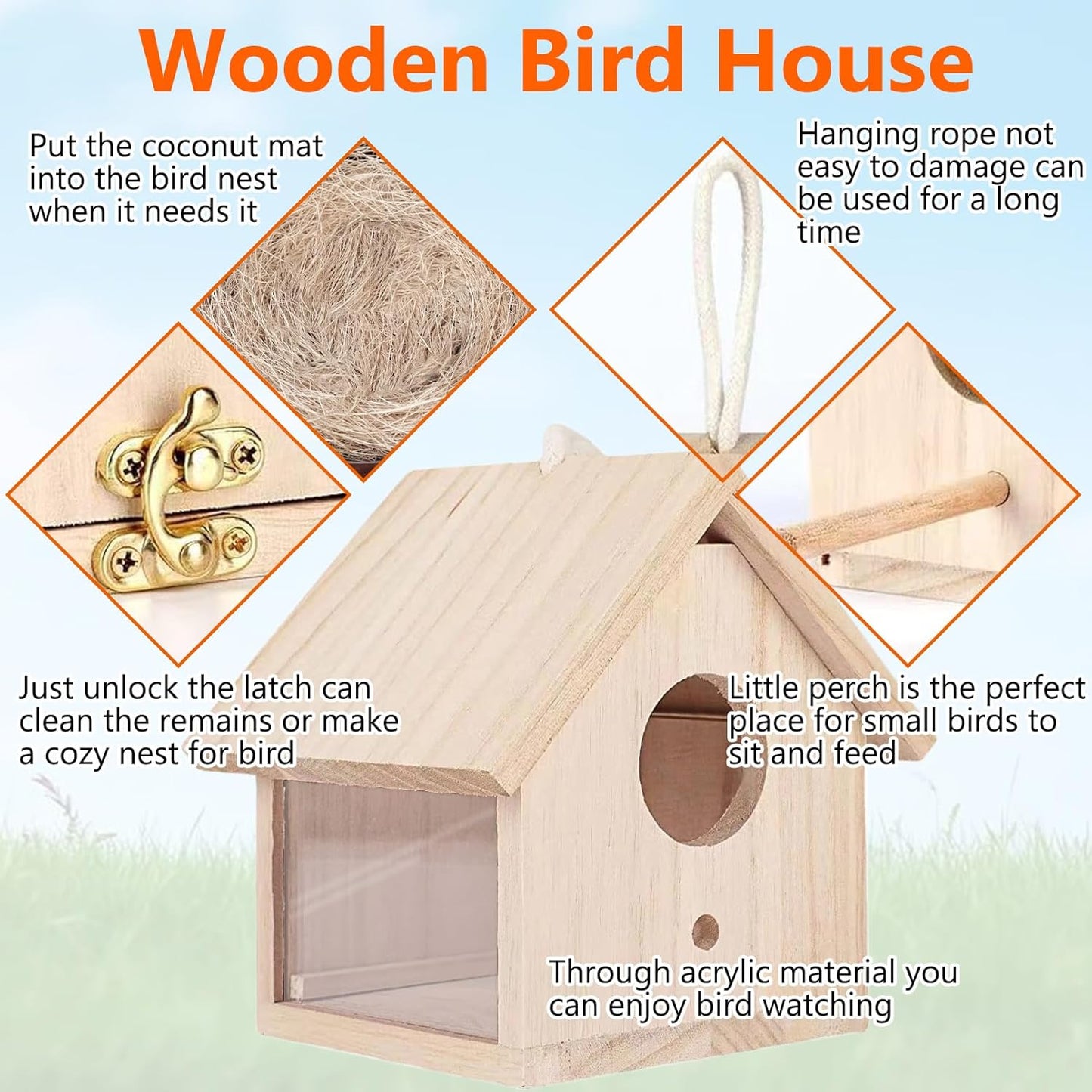 Tfwadmx Wooden Bird House Transparent Outdoor Bird House Hanging Nests Box Garden Patio DIY Decorative for Wren Swallow Sparrow Hummingbird Finch Throstle