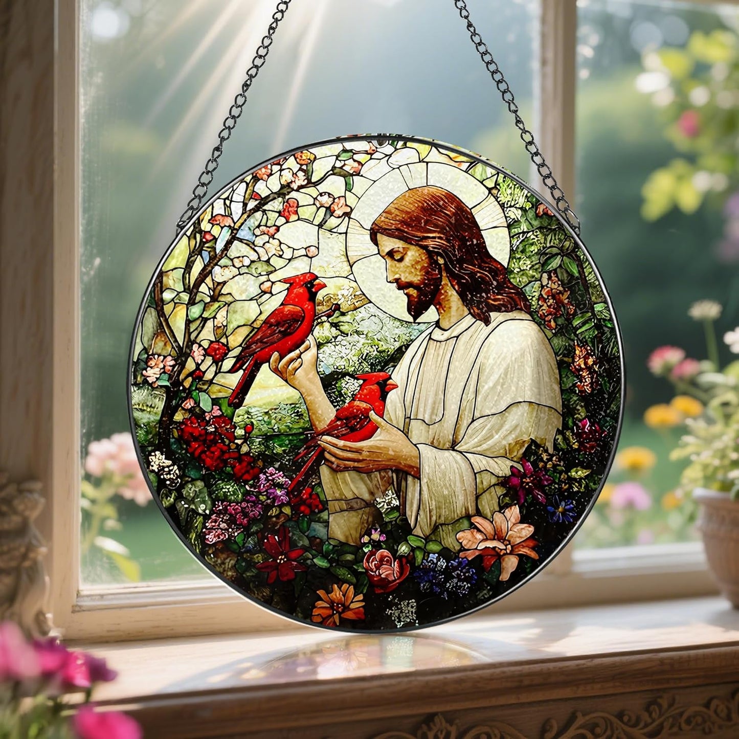 8-Inch Jesus with Cardinals Suncatcher Ornament, Stained Glass Window Hanging & Religious Christmas Ornament, Christian Window Decor — Memorial Gift, Christian Gifts for Her, Religious Gifts