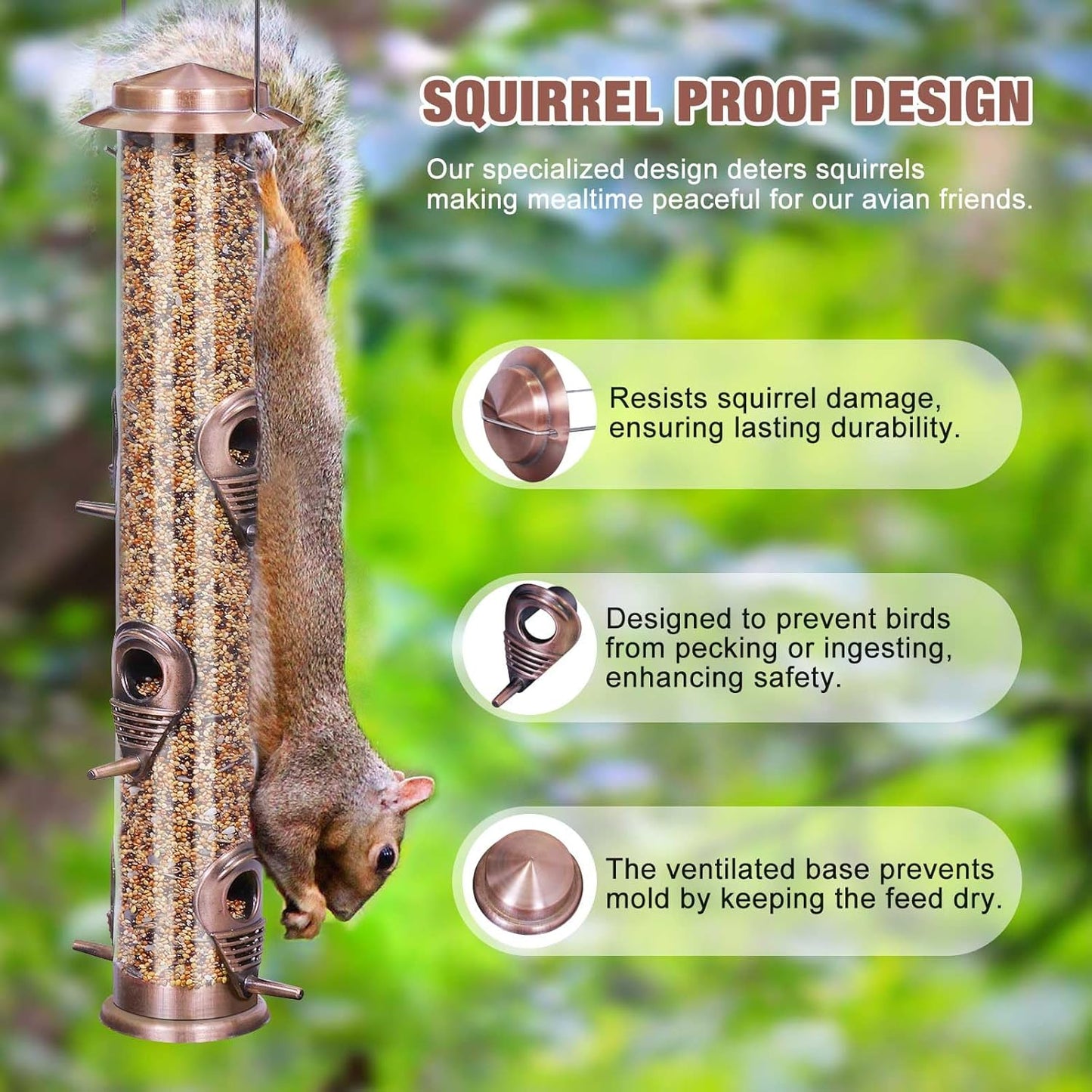 ERYTLLY Metal Bird Feeder for Wild Birds - 1.4mm Extra Thick Solid Transparent Tube With Steel Hanger, Squirrel Proof for Outside (Antique Copper-Metal 6 Feeding Ports)