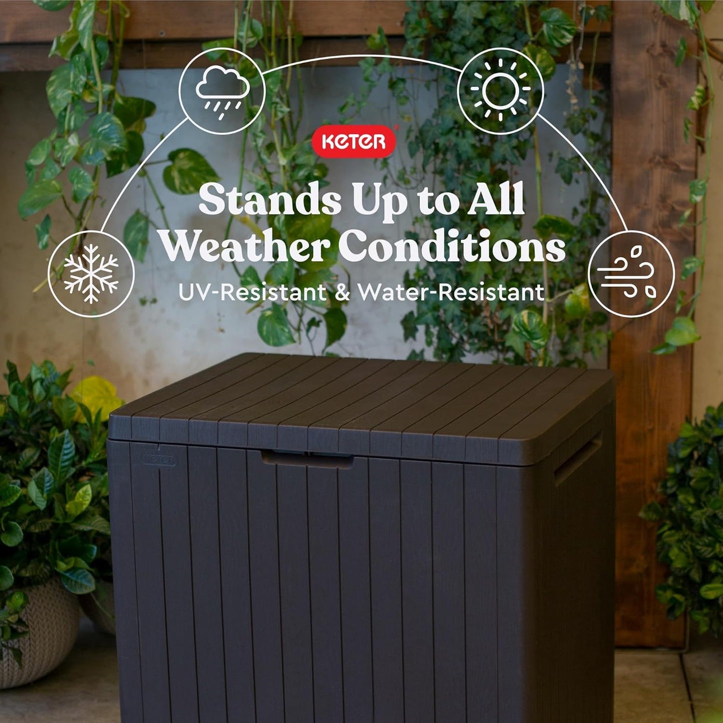 Keter City 30 Gallon Resin Outdoor Storage Box and Patio Furniture Sid