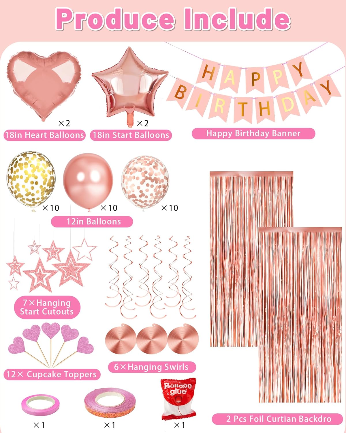 Rose Gold Happy Birthday Party Decorations, Happy Birthday Banner, Ros