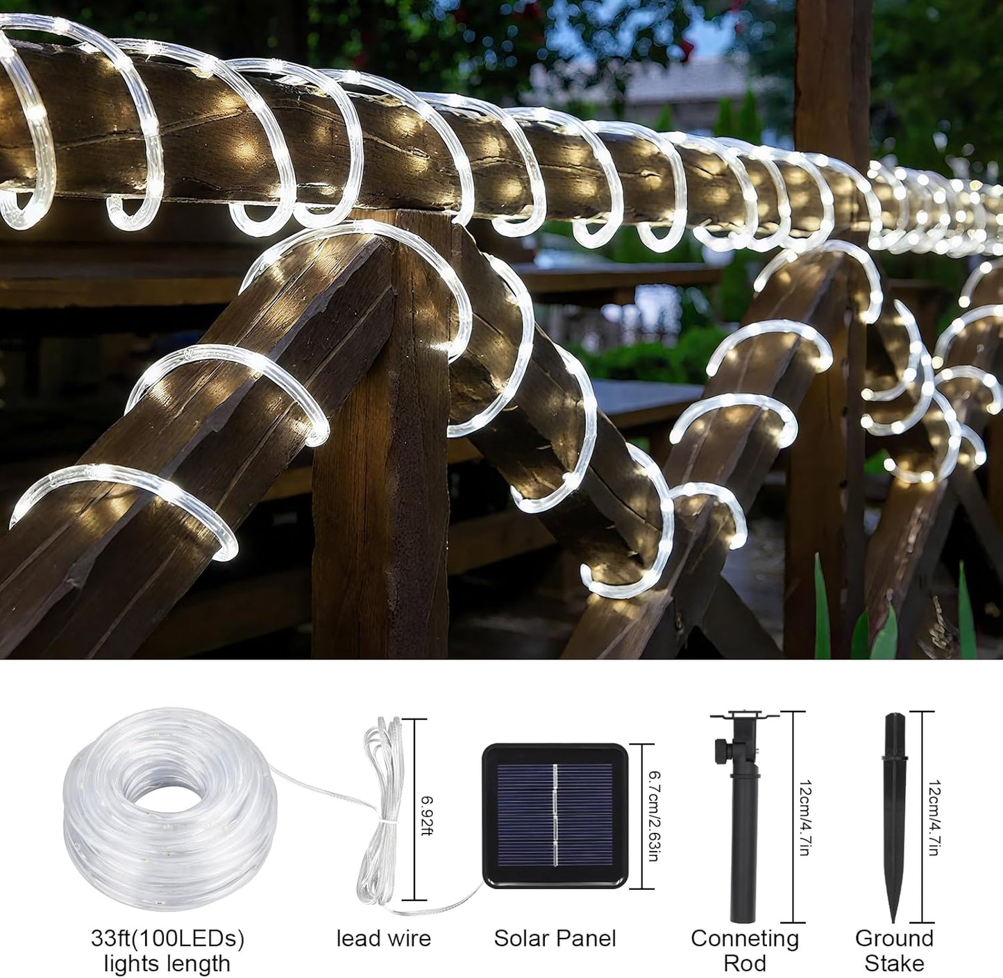Total 66FT 200LED Solar Rope Lights Outdoor Waterproof, White Solar Powered Fairy Lights with 8 Modes, Flexible Solar String Lights for Garden, Patio, Camping, Christmas Decor-2 Pack