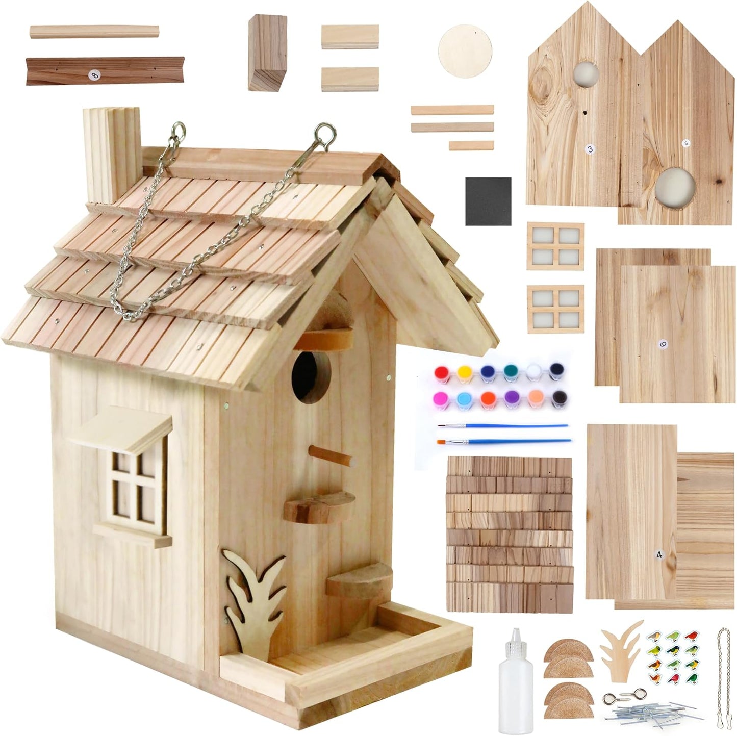 Wooden Birdhouse Kit for Adults to Build, DIY Bird House Craft Kits to Paint, Adult Woodworking Building Kits Birdhouse for Outside, Garden, Yard (Wood, 8.5in)