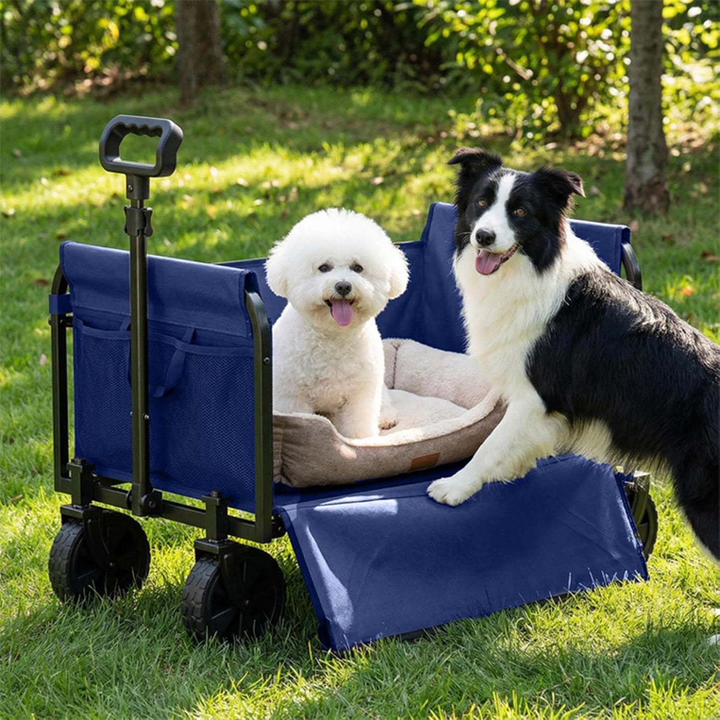 Portable Collapsible Wagon Cart, Foldable Cart with Removable Side, Utility Groceries Wagon for Dogs Pets Camping Beach Shopping Sports Gardeing Fishing, Blue