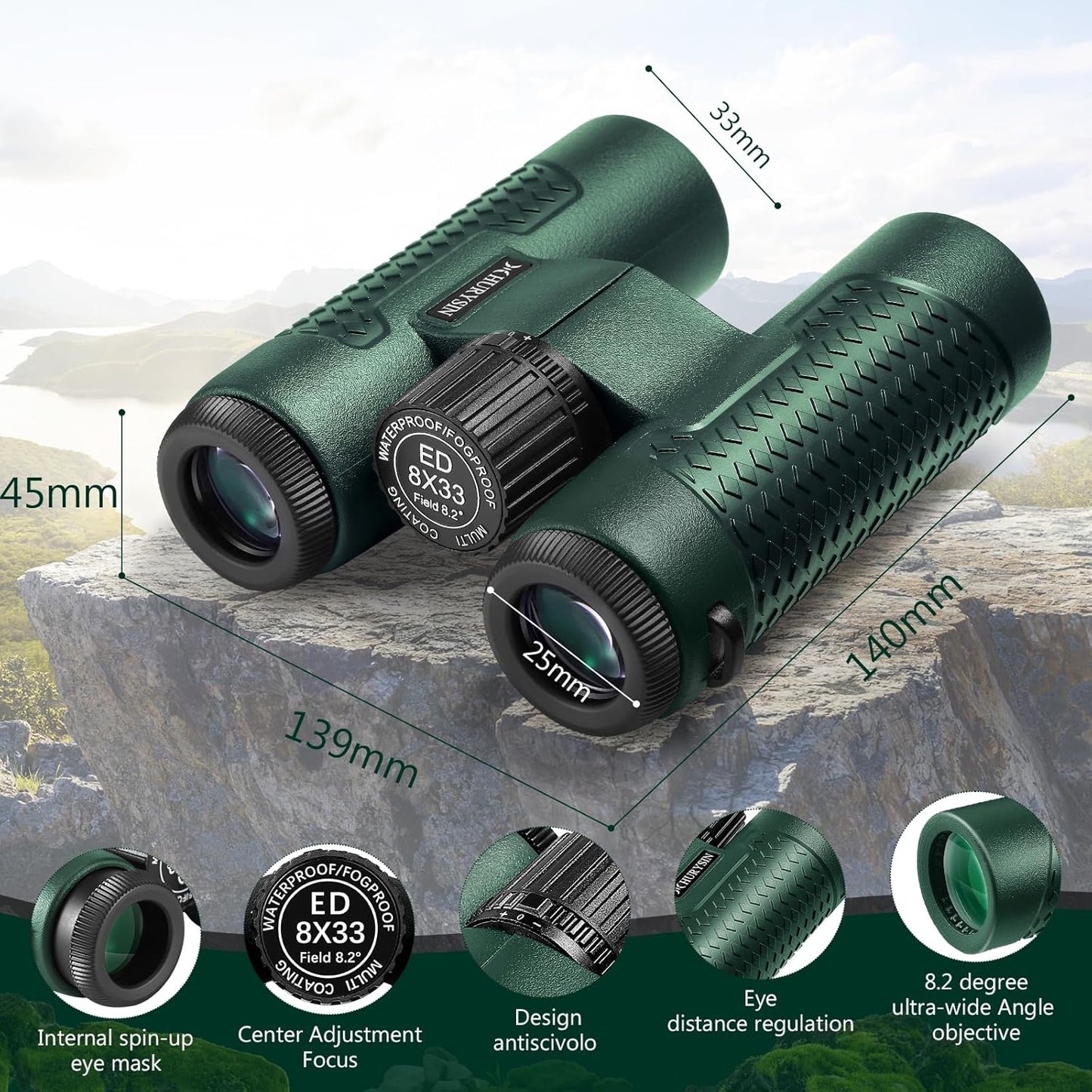ED 8x33 Binoculars – HD Optical System, Nitrogen-Filled and Waterproof & Fogproof, Non-Slip Silicone Grip for Comfortable Handling, Perfect for Hunting, Bird Watching, Hiking, Travel