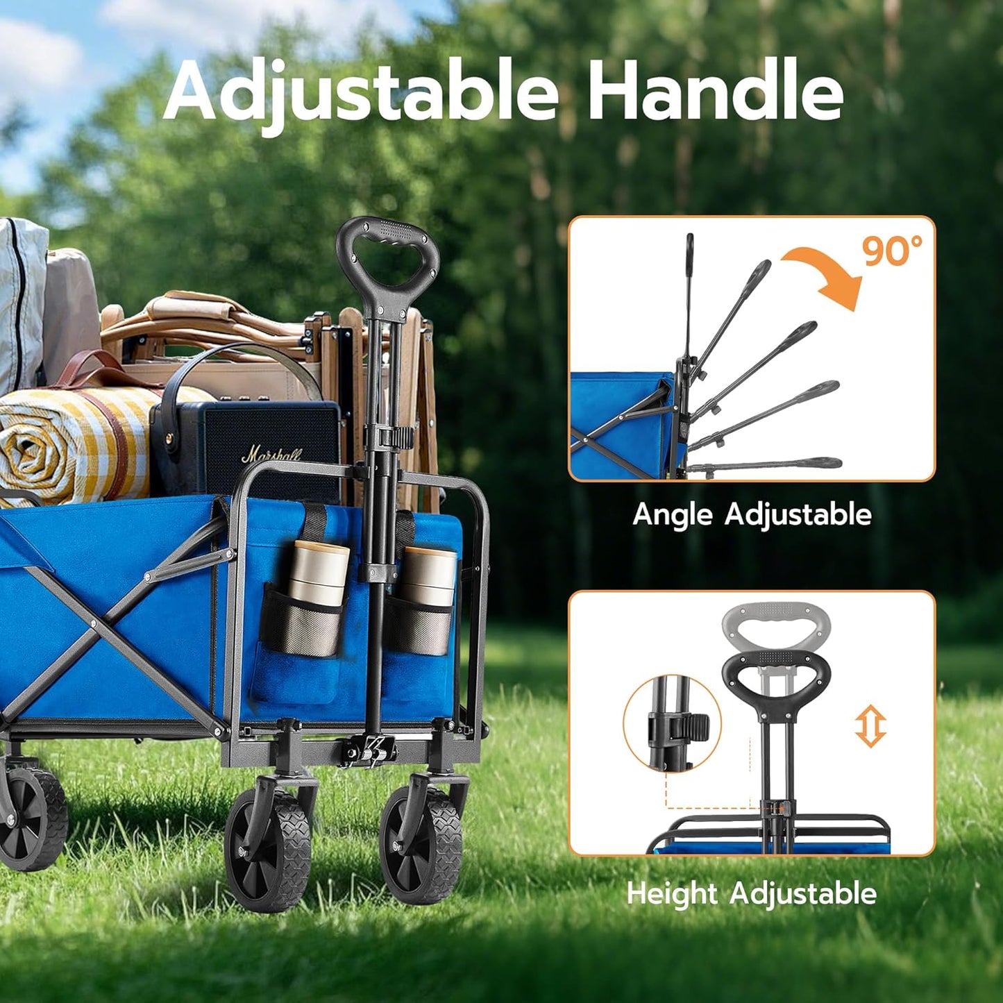 Heavy-Duty Collapsible Wagon Cart with Wheels 250lbs Capacity, Foldable Utility Cart for Camping Gardening Beach, All-Terrain Folding Carts with Reinforced Frame & Smooth Rolling Wheels, Blue