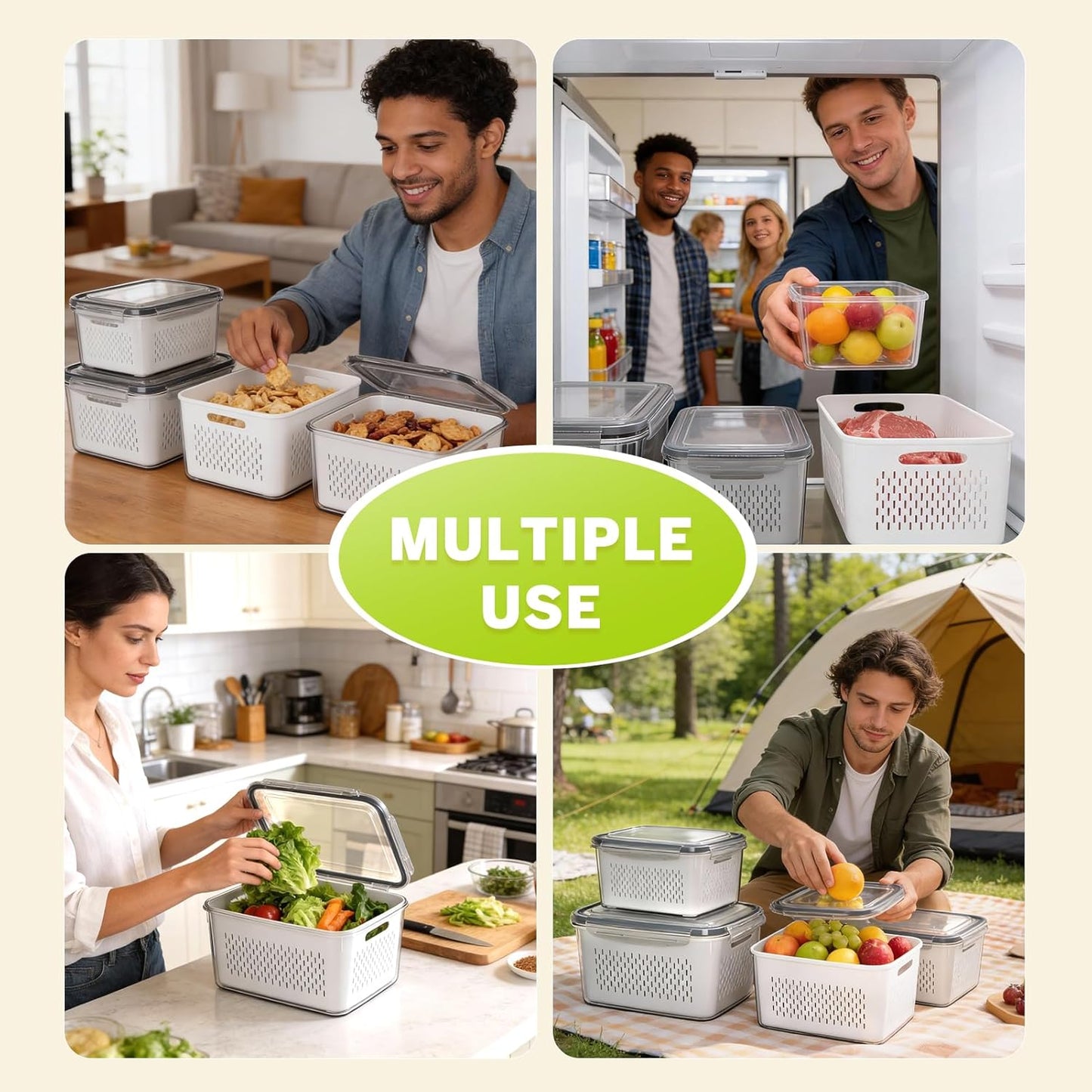 5 Pack Fruit Storage Containers for Fridge, Plastic Fruit Containers for Fridge with Removable Colanders, Leakproof Fridge Organizers and Storage for Berry Vegetable Salad Lettuce Meat Food
