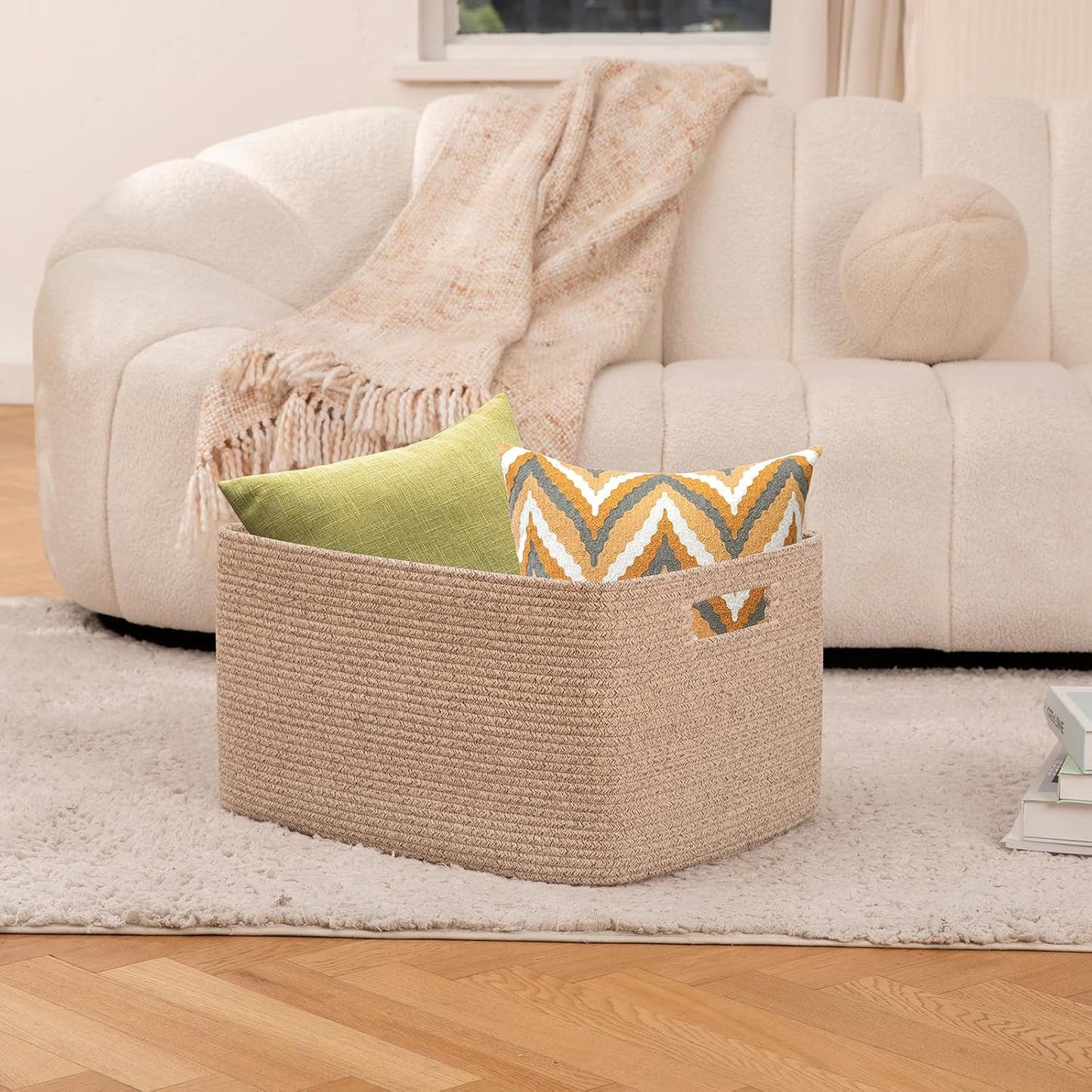 OIAHOMY 75L Large Woven Cotton Rope Storage Basket with Handle for Organizing Blanket and Toys for Living Room, Nursery, Brown Variegated 22”x17”x12”