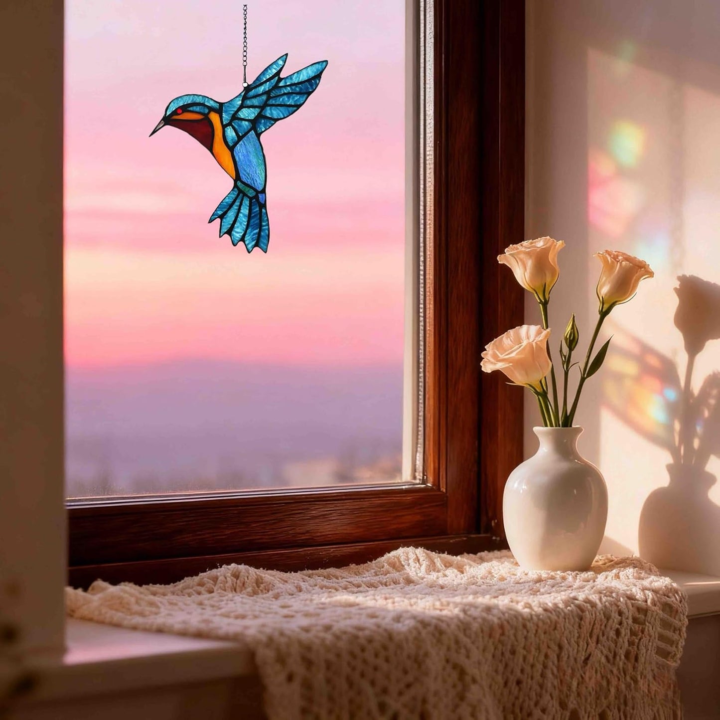 Stained Glass Bird Window Hangings SunCatcher, 9" x 7 1/2”