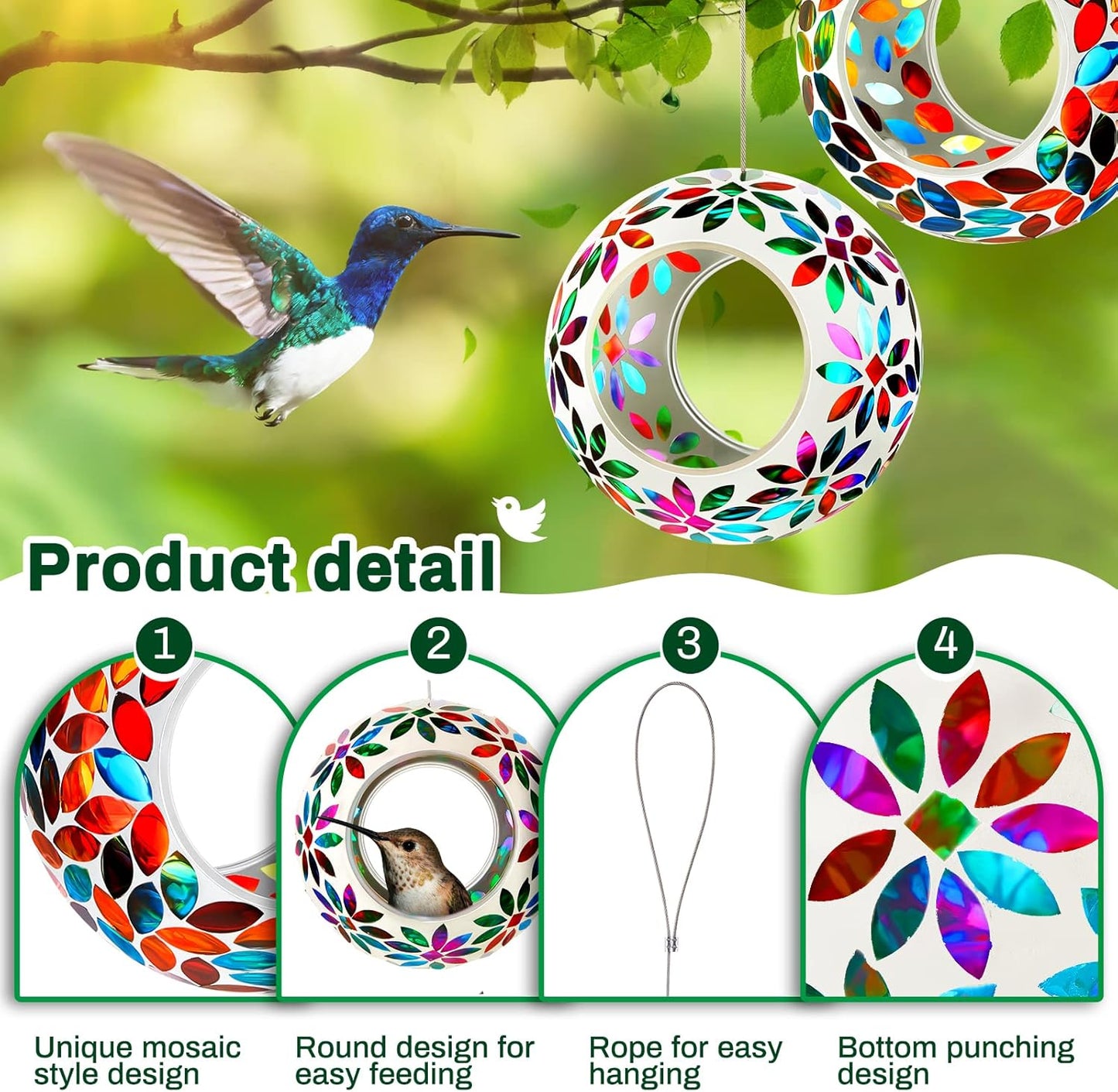 2 Pcs Mosaic Glass Hanging Bird Feeder Round Fly Through Balcony Bird Feeder for Backyard Window Outdoor Garden Deck Porch Decor