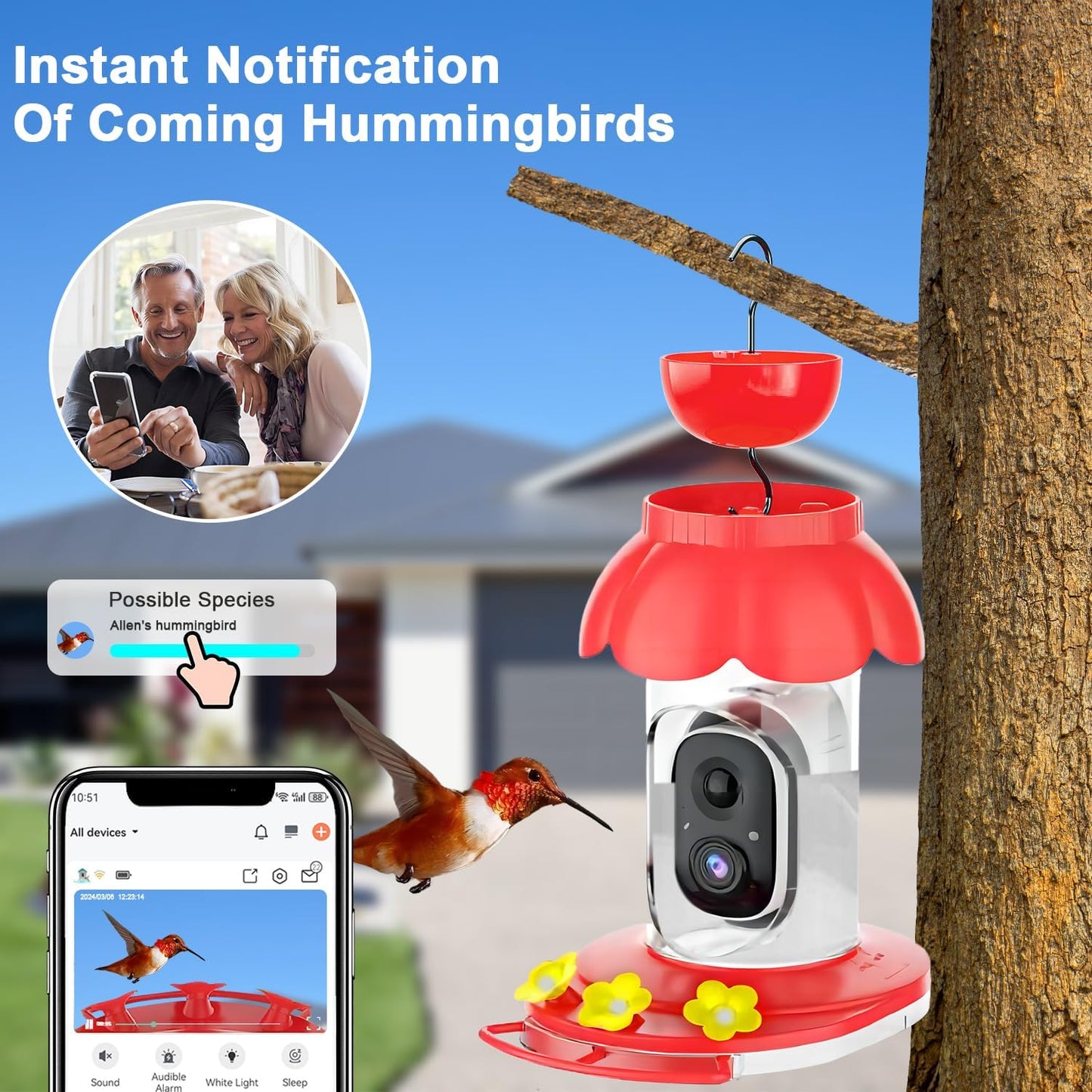 Hummingbird Feeder with Camera,Wireless Smart Bird Feeders for Outdoors Video Watching AI Camera with Auto Capture Videos & Motion Detection Ideal Gift for Bird Lovers