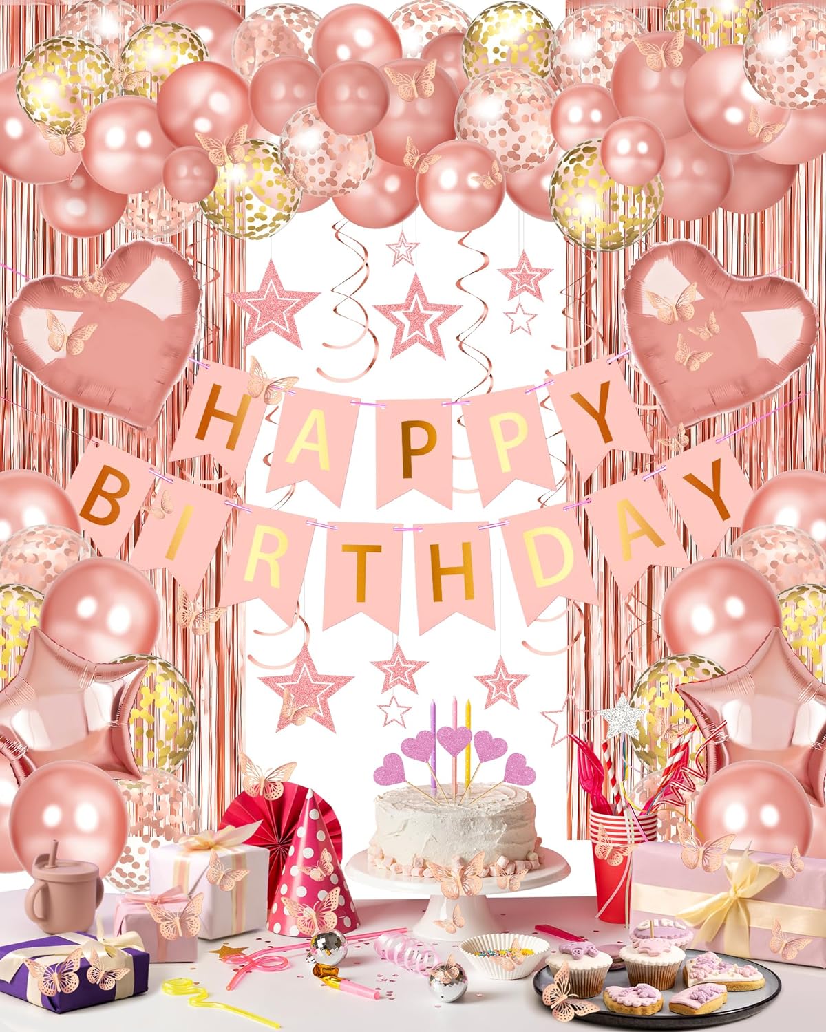 Rose Gold Happy Birthday Party Decorations, Happy Birthday Banner, Ros