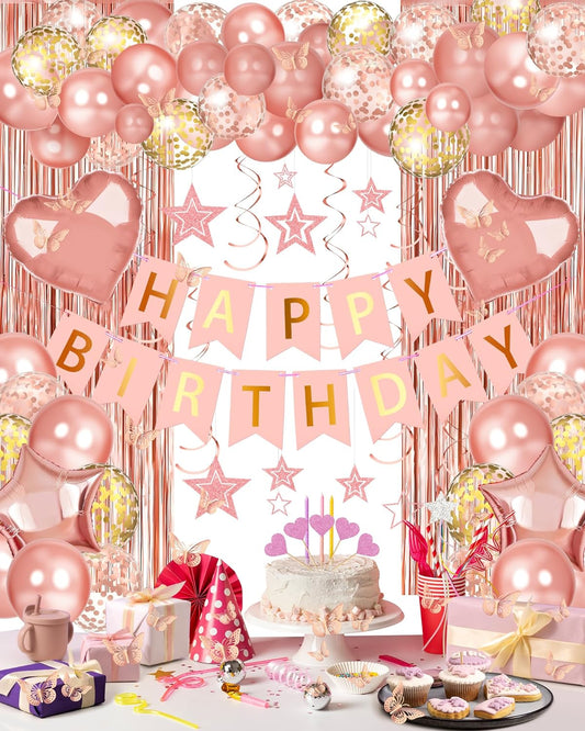 Rose Gold Happy Birthday Party Decorations, Happy Birthday Banner, Ros