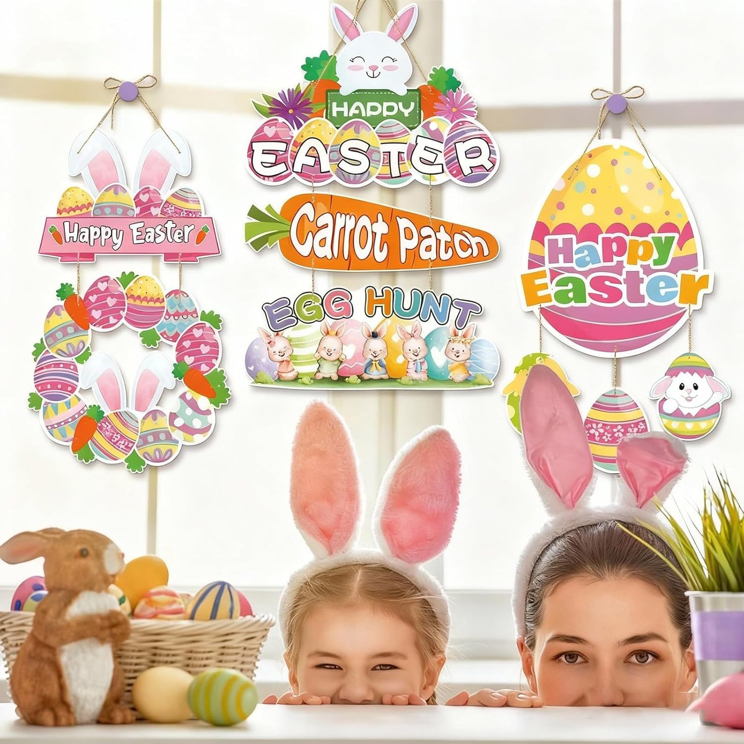 Easter Bunny Door Sign - 4-Piece Set Easter Hanging Sign Rabbit Door D