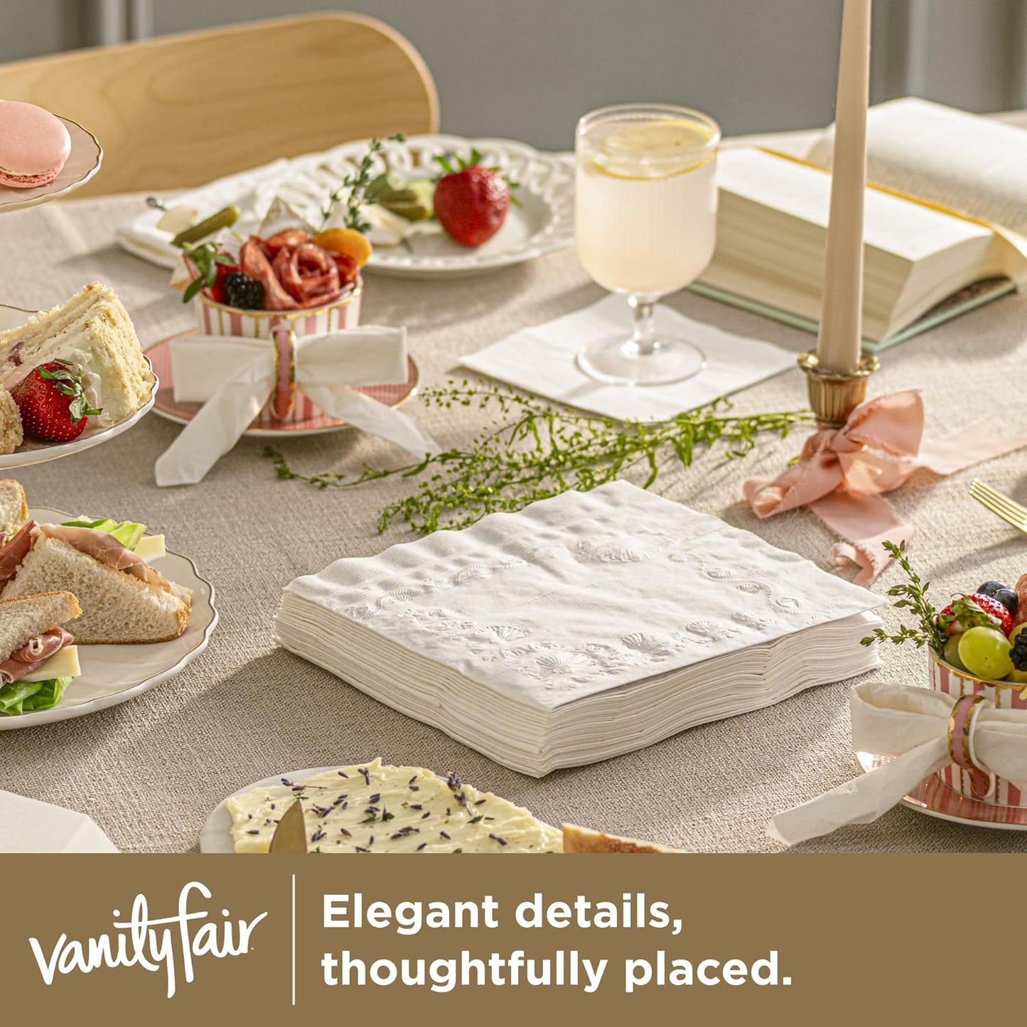 Vanity Fair Entertain Beverage Paper Napkins, White, 2-Ply, 40 Count, 4.9" x 4.9", Disposable Napkins for Entertaining