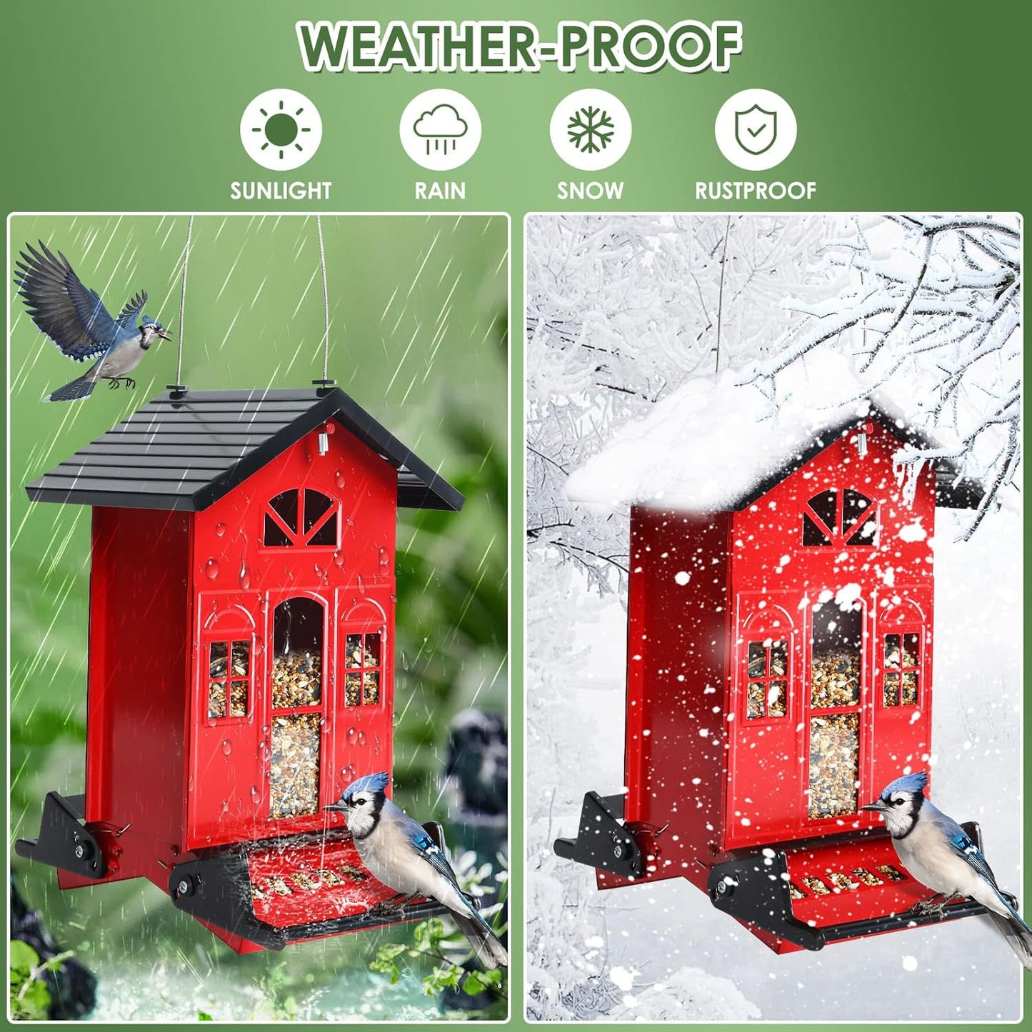Birdkiss Bird Feeder Squirrel-Proof Outside: Country House Series for Hanging - Metal - 5LBs Seed - Weight-Activated for Outdoors - Large Capacity and Red