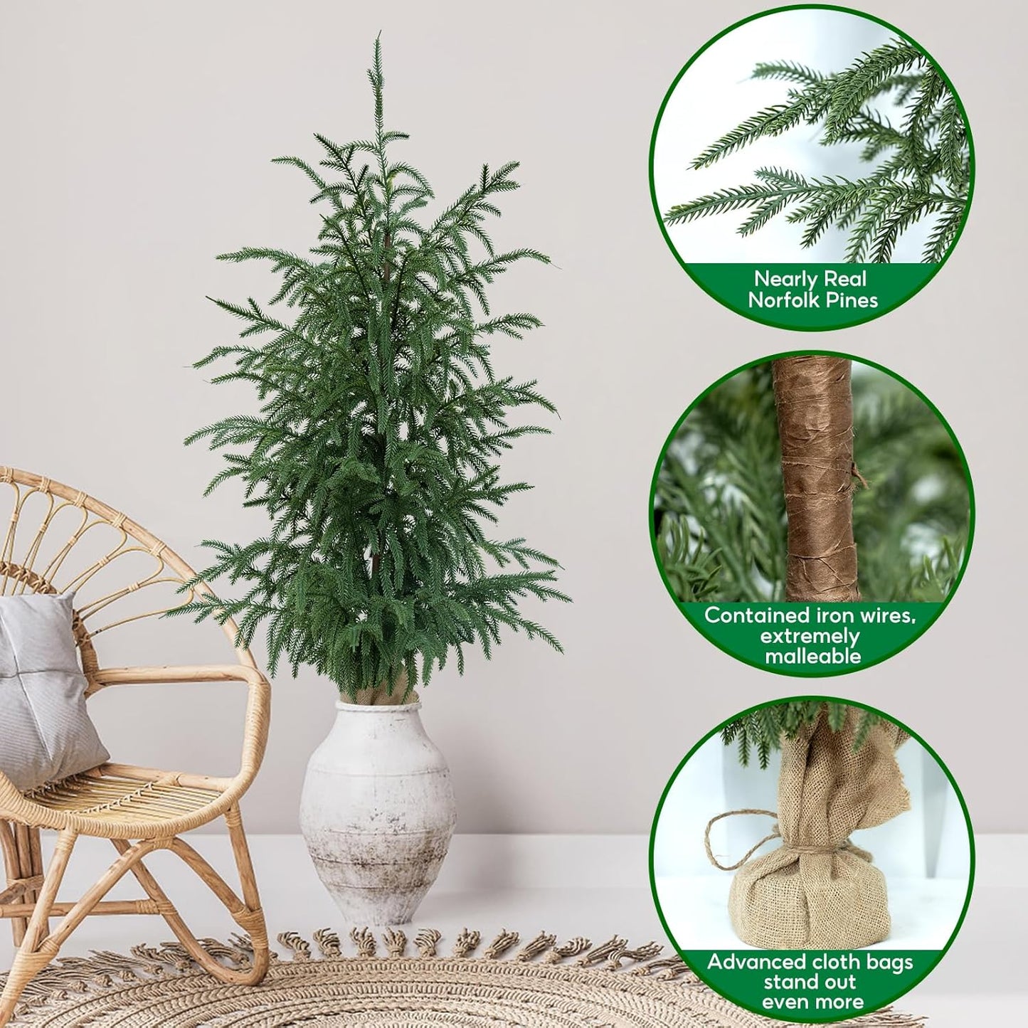 Artificial Norfolk Pine Trees 2 Pack, 3FT Fake Potted Tree with Decorative Burlap Base & Real Touch Leaves, UV Protected Indoor Outdoor Plant for Home Office Garden Decor