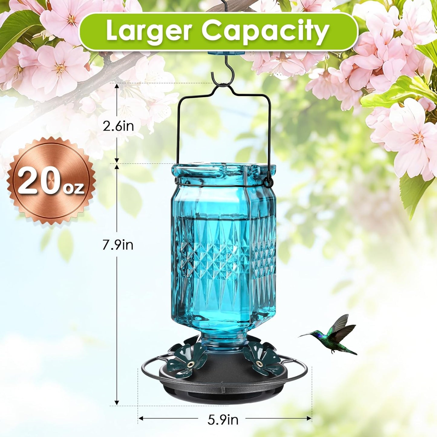 20oz Glass Hummingbird Feeder for Outdoors Hanging, Bird Nectar Feeder with 4 Bee Guard Flower-Shaped Feeding Ports & Built-in Ant Moat, for Bird Lover, Blue (2 Pack)