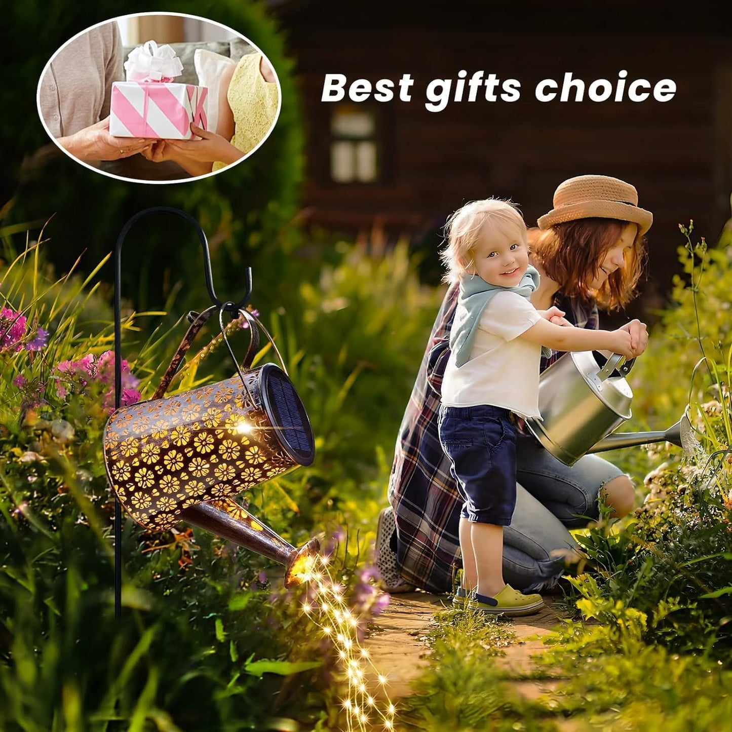 2 Pack Solar Watering Can with Lights,Solar Outdoor Garden Decor Water