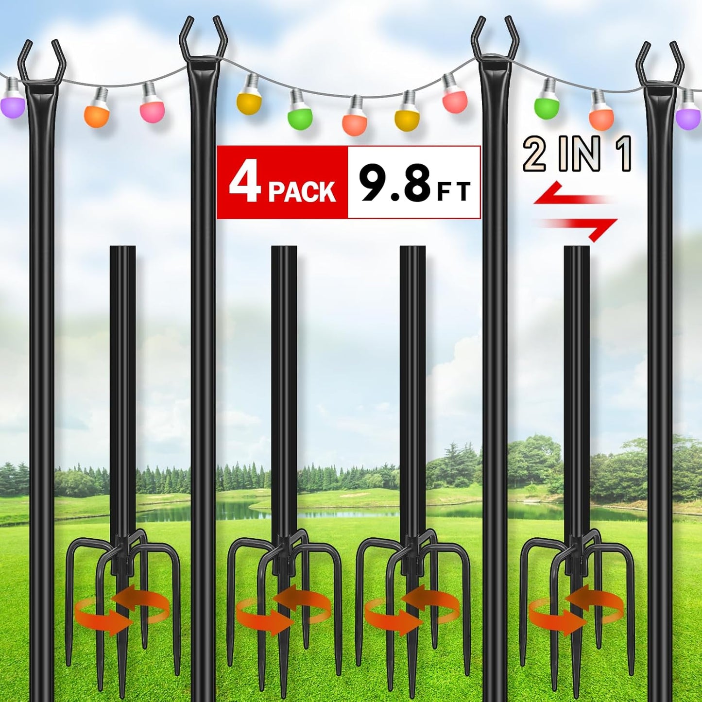 FEED GARDEN String Light Poles for Outside,9.8FT Metal Poles for Outdoor String Lights, Stand Poles for Deck, Garden, Patio, Wedding, Backyard, Christmas Party 4 Pack