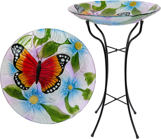 Alpine Corporation 26" Tall Outdoor Glass Floral Butterfly Birdbath wi